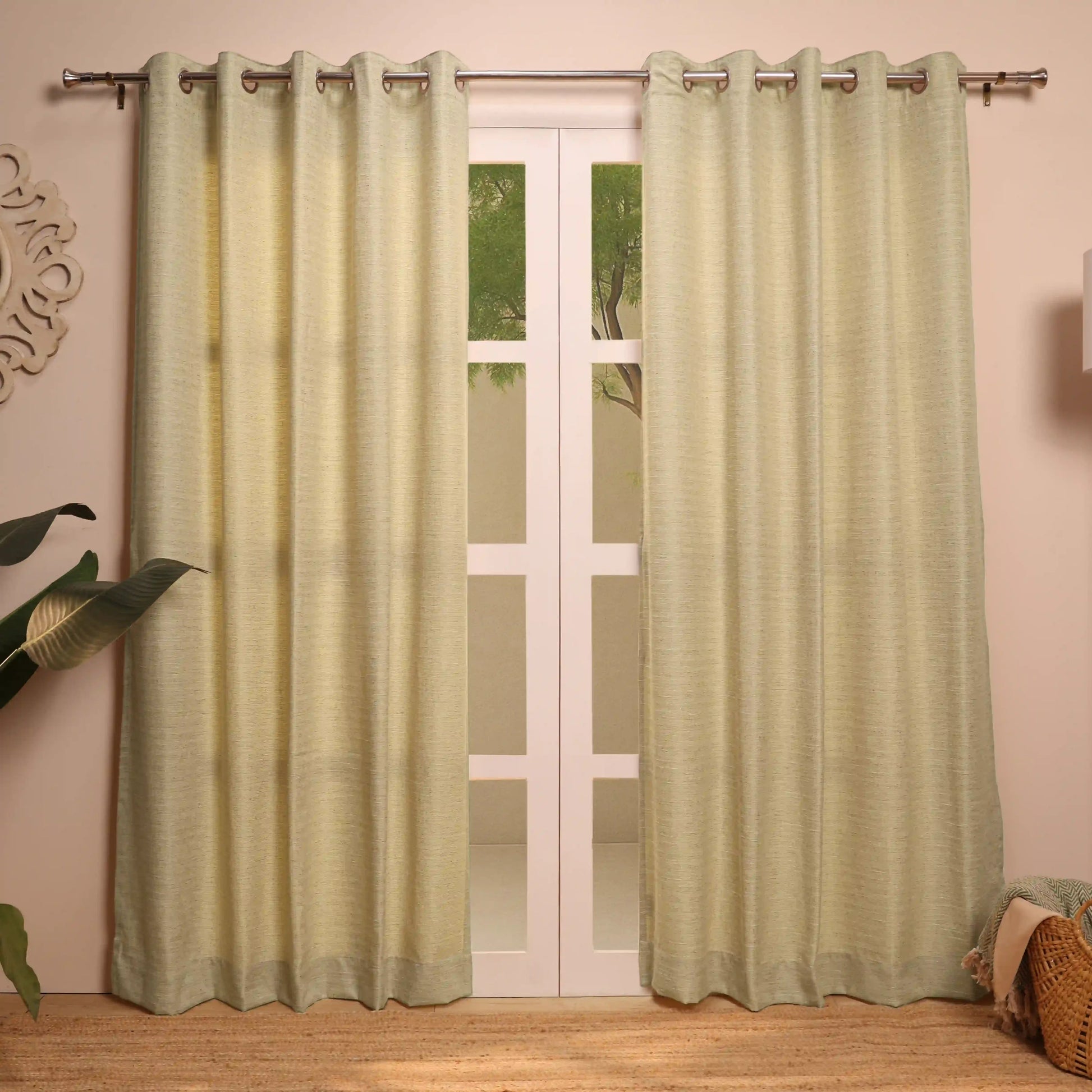Paleto Set Of 2 Solid Readymade Curtains | Rain & Mist Baked Sand / Door (7ft X 4.4ft)