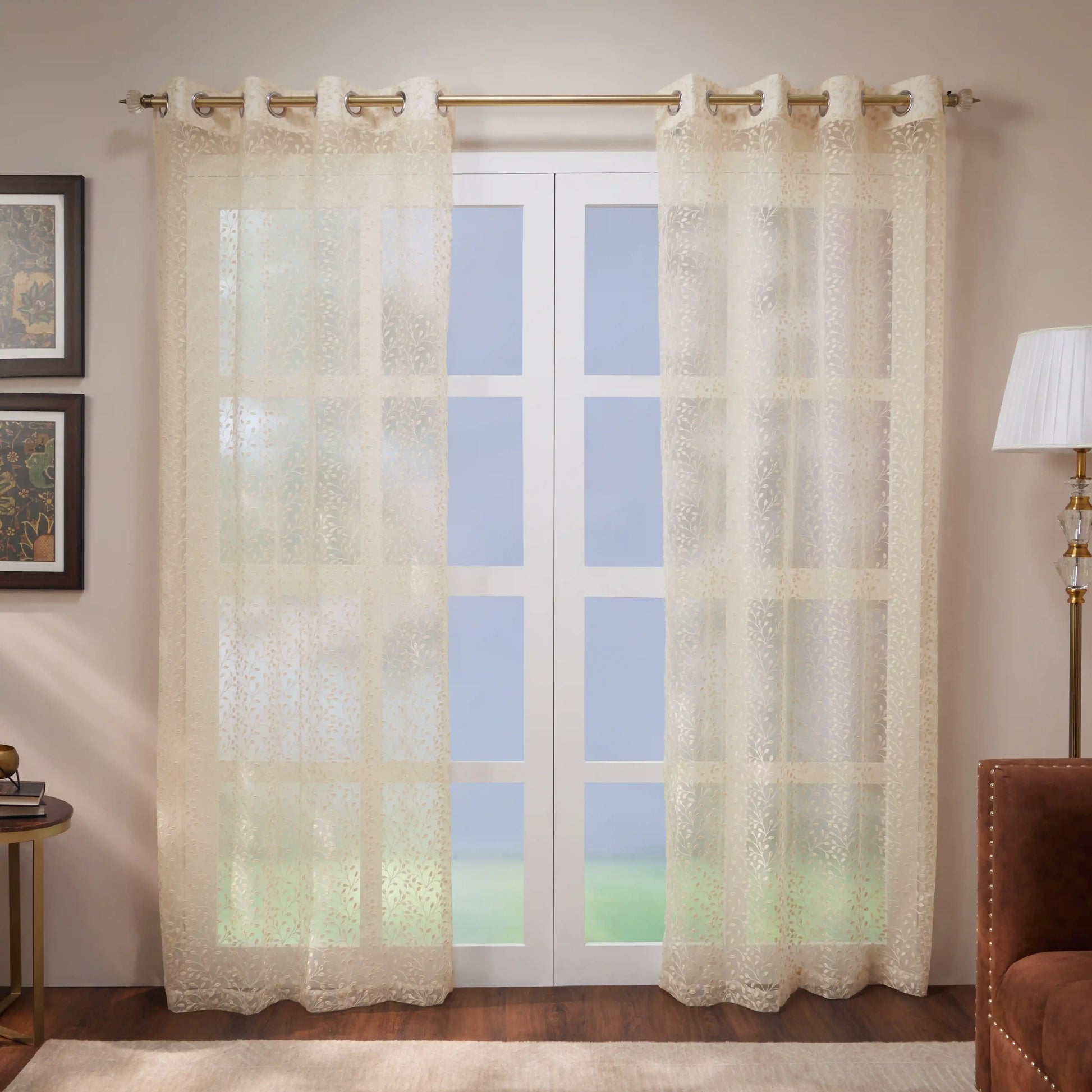 Velina Set Of 2 Embroidered Sheer Readymade Curtains | Threaded Story Pearl Beige / Door (3.60ft X 7.22ft)