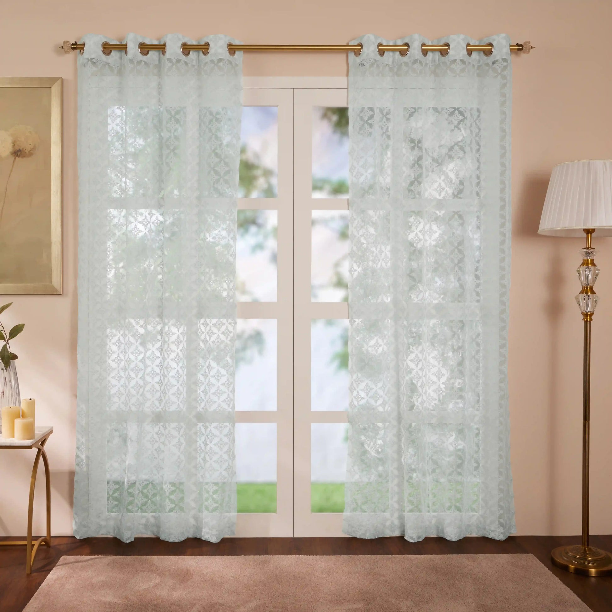 Velina Set Of 2 Embroidered Sheer Readymade Curtains | Royal Jharokha Sky Dusk / Door (3.60ft X 7.22ft)