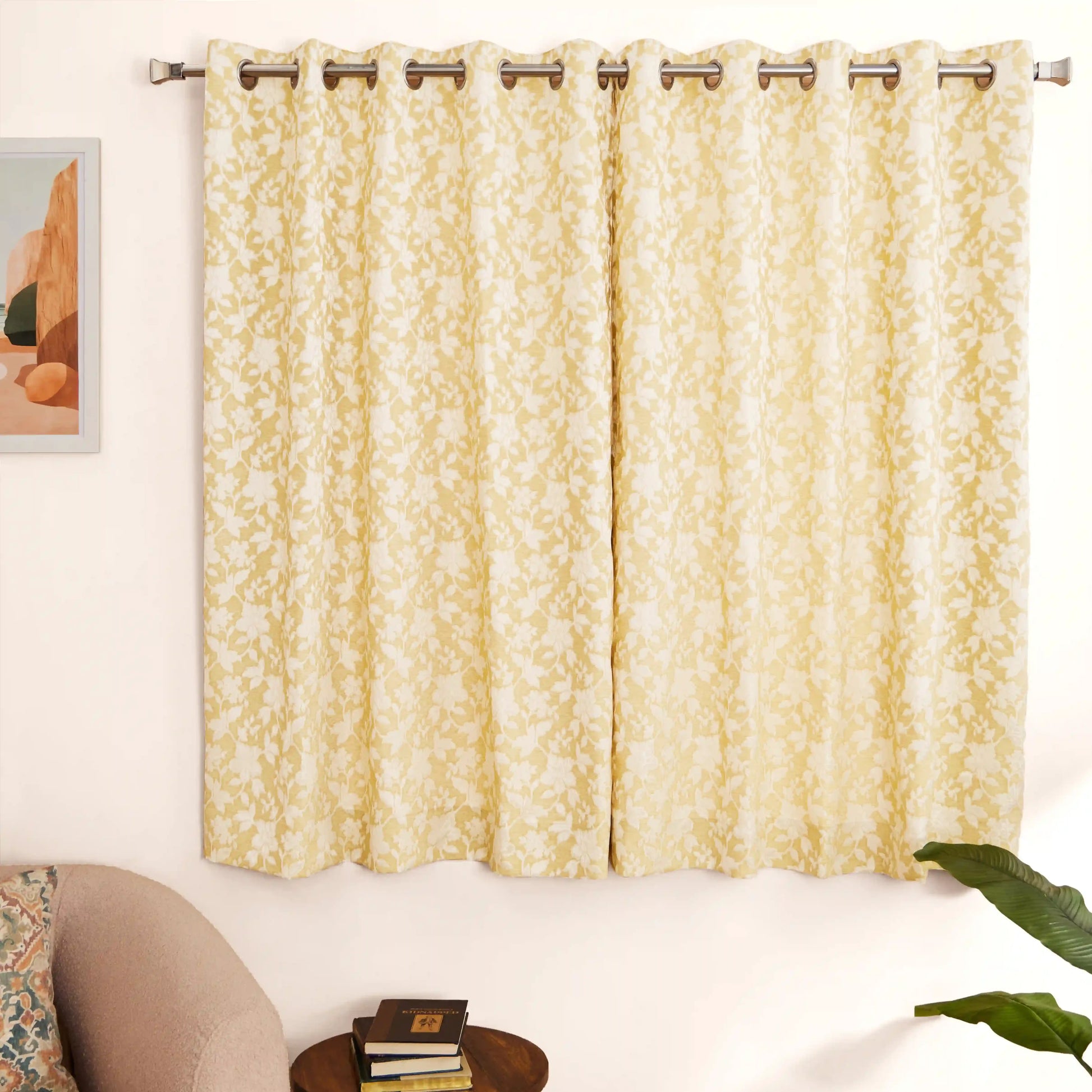 De Jacquard - Luxe Set Of 2 Jacquard Readymade Curtains | Monochrome Flora Honey / Window (5ft X 4.4ft)