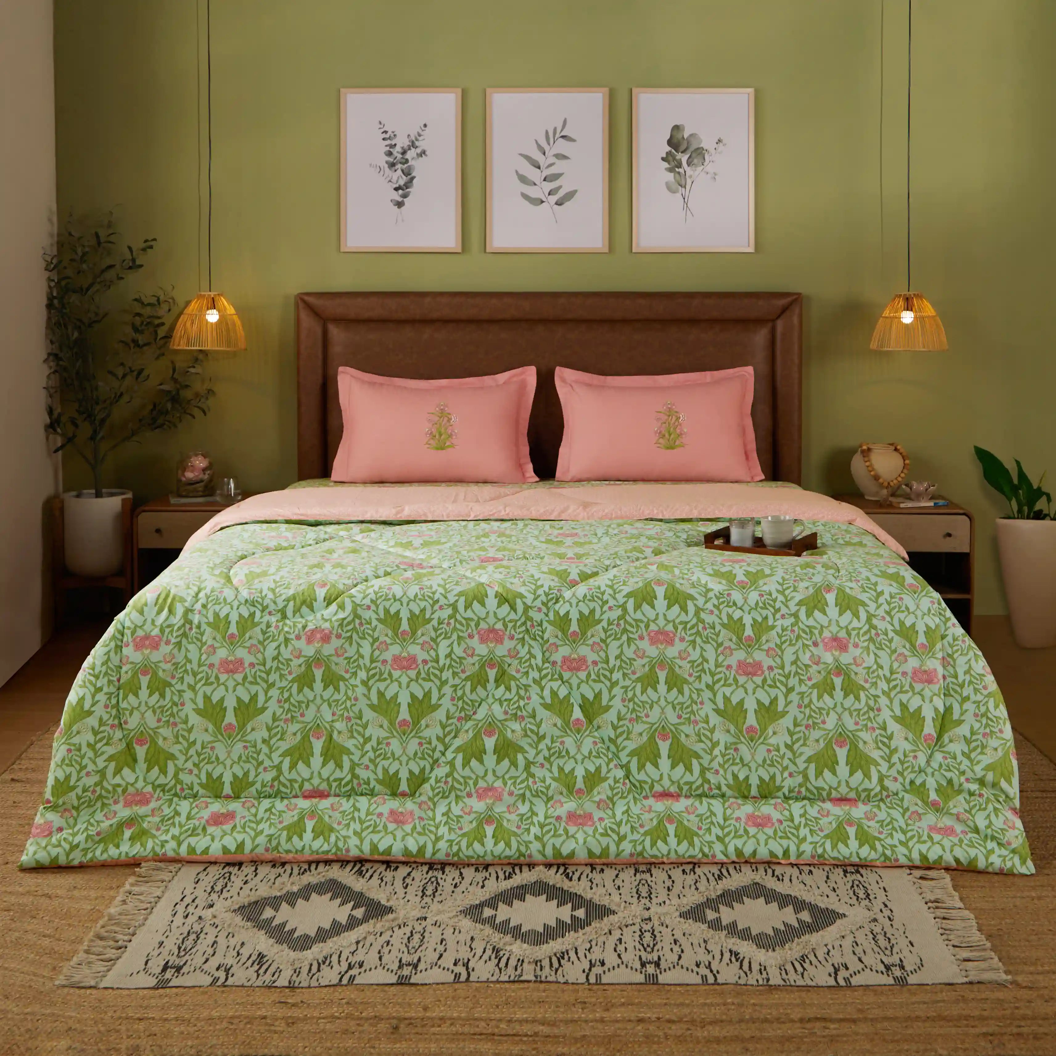 Chippa Lane | Contemporary Indian Print Design Coordinated Bedding Set | Set of Bedsheet & Comforter-Sage Mint Sage Mint / Double