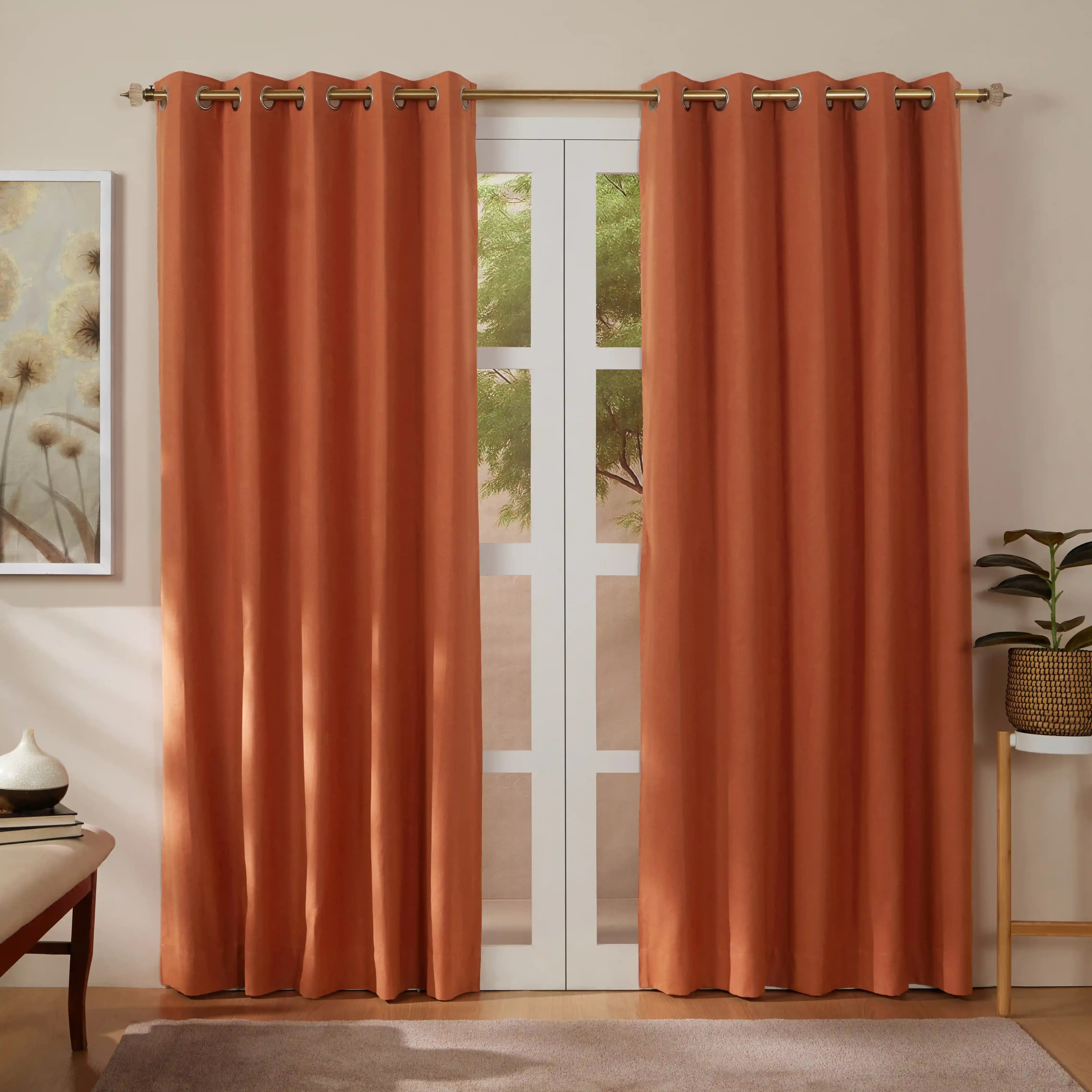 Pelushe Set Of 2 100% Cotton Solid Readymade Curtains | Everyday Hues Spice / Door (7ft X 4.4ft)