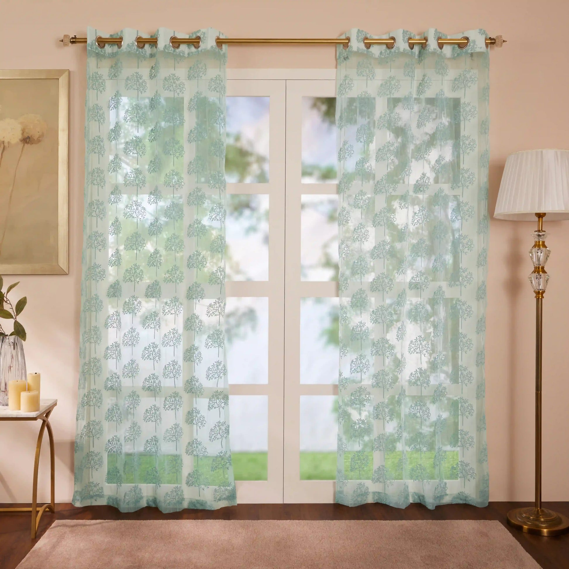 Velina Set Of 2 Embroidered Sheer Readymade Curtains | Botanical Trails Lagoon Blue / Door (3.60ft X 7.22ft)