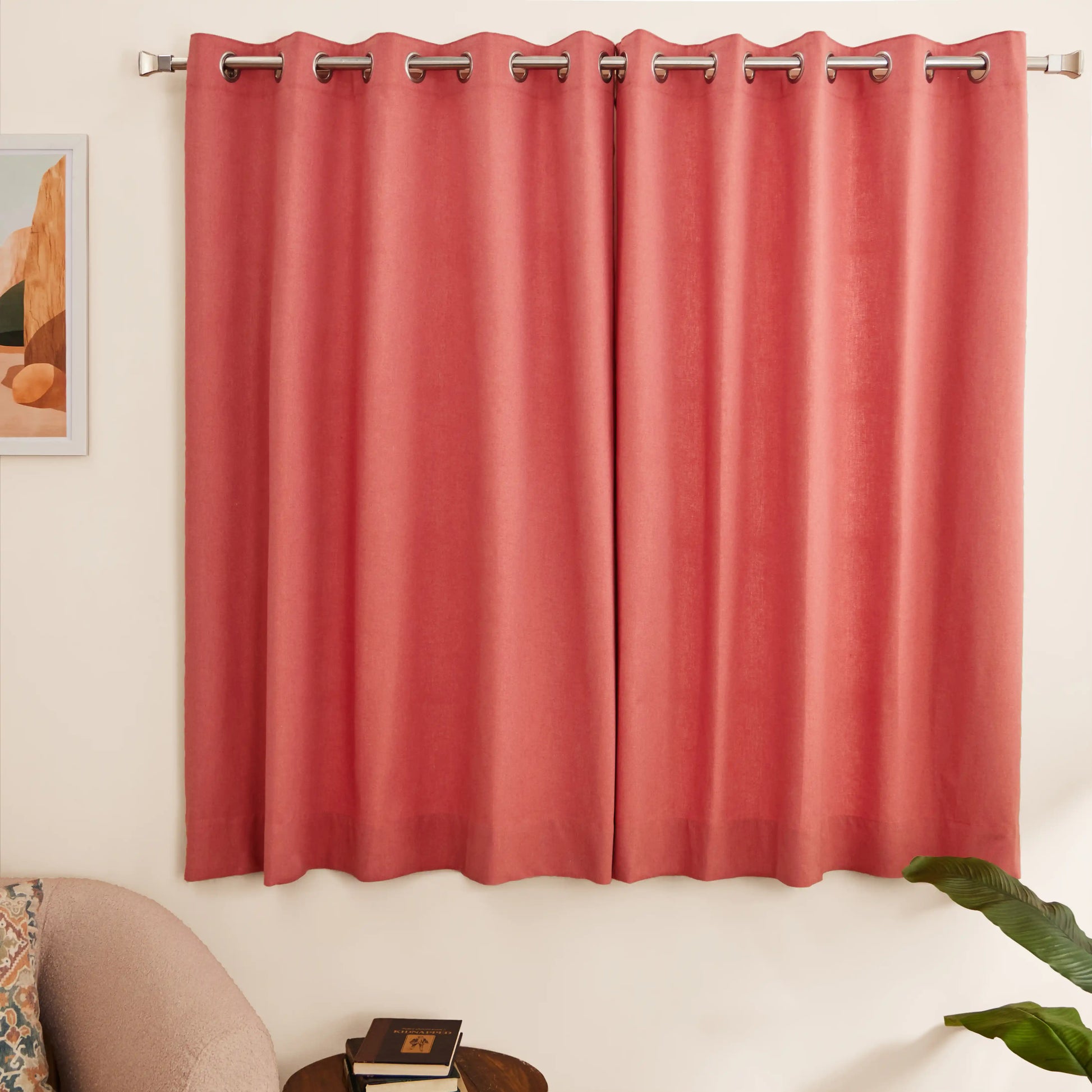 Pelushe Set Of 2 100% Cotton Solid Readymade Curtains | Everyday Hues Rosewood / Window (5ft X 4.4ft)