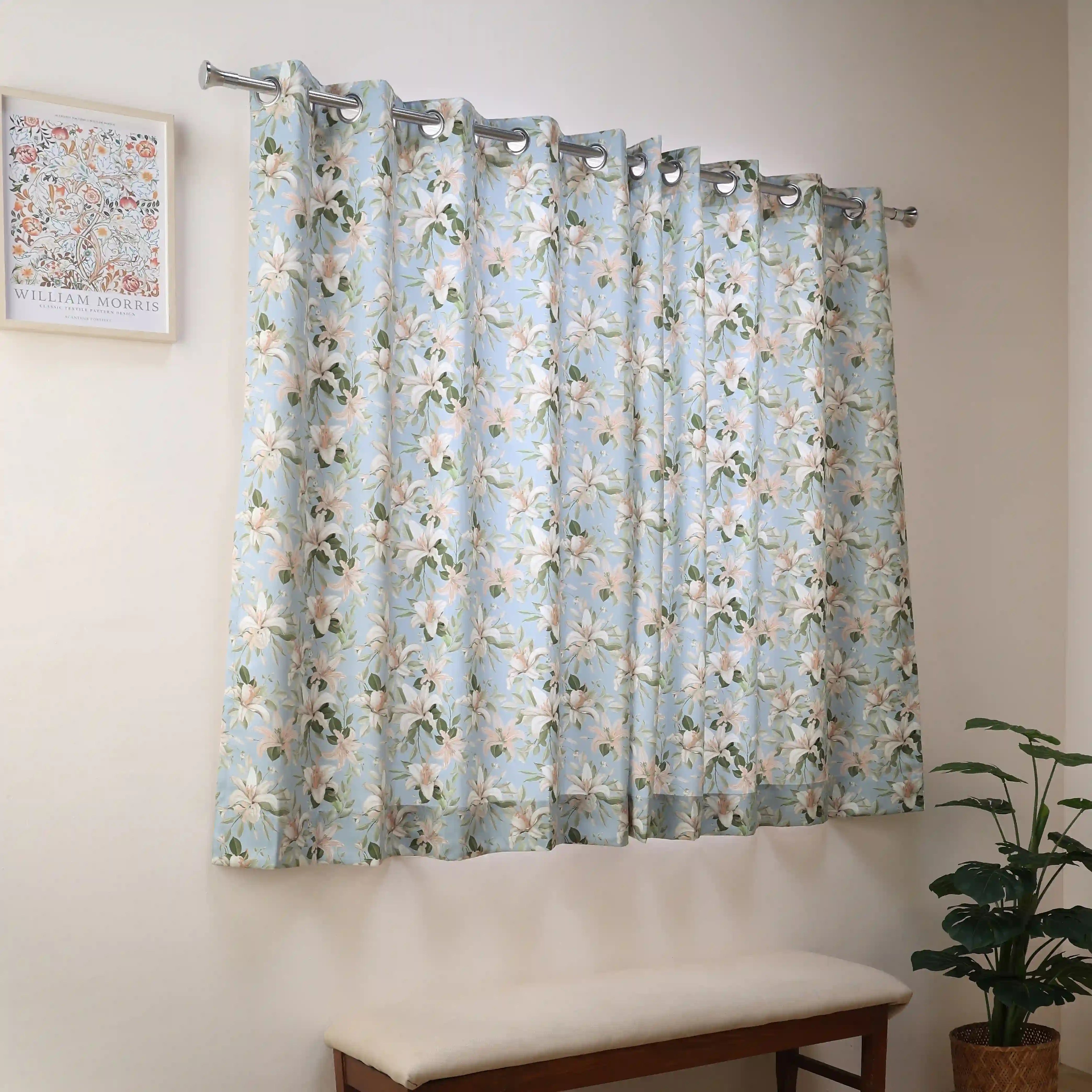 Bloomshire Classic Set Of 2 Printed Readymade Curtains | Tropical Whisper Blue Haze / Window (5ft X 4.4ft)