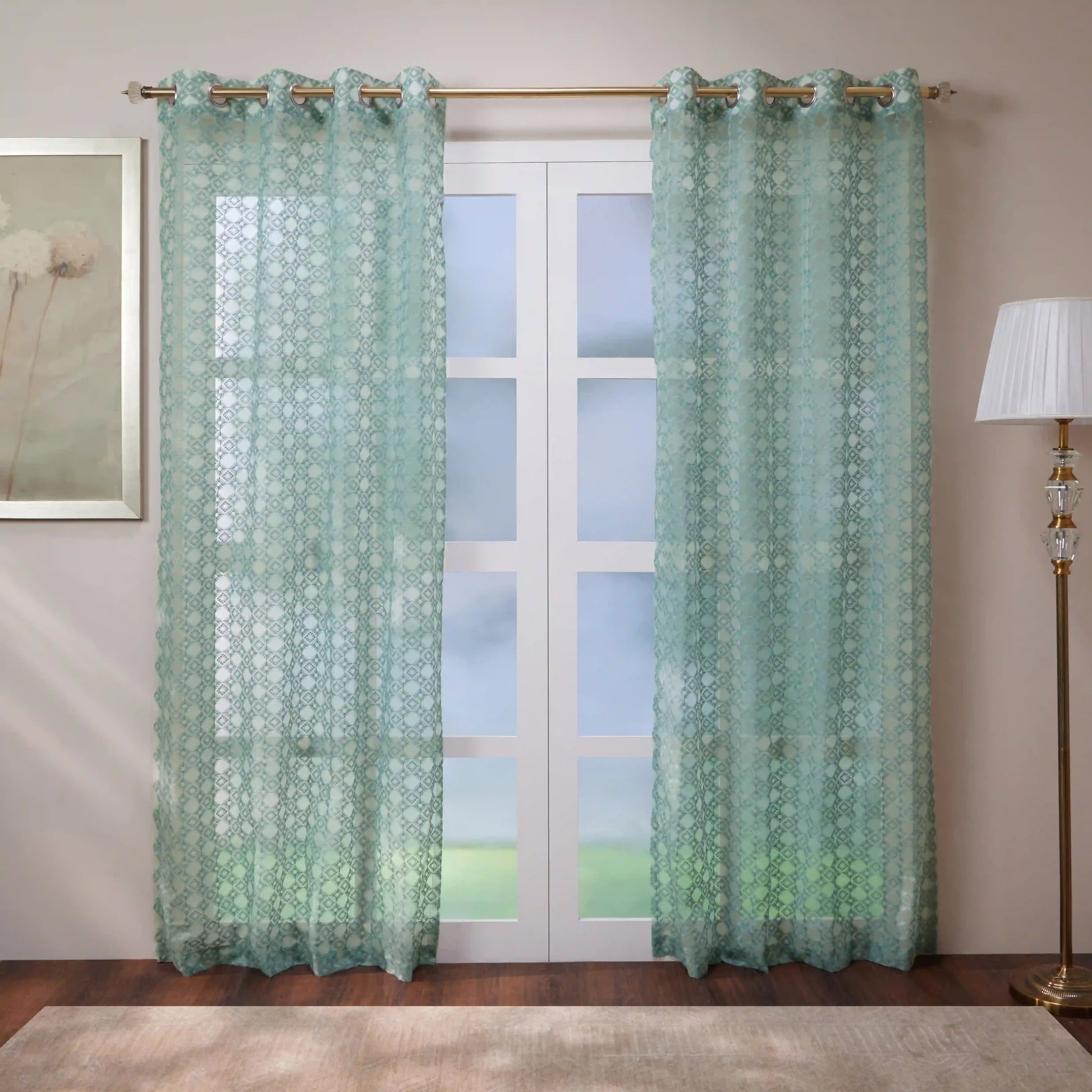 Velina Set Of 2 Embroidered Sheer Readymade Curtains | Modern Heritage Evergreen Teal / Door (3.60ft X 7.22ft)
