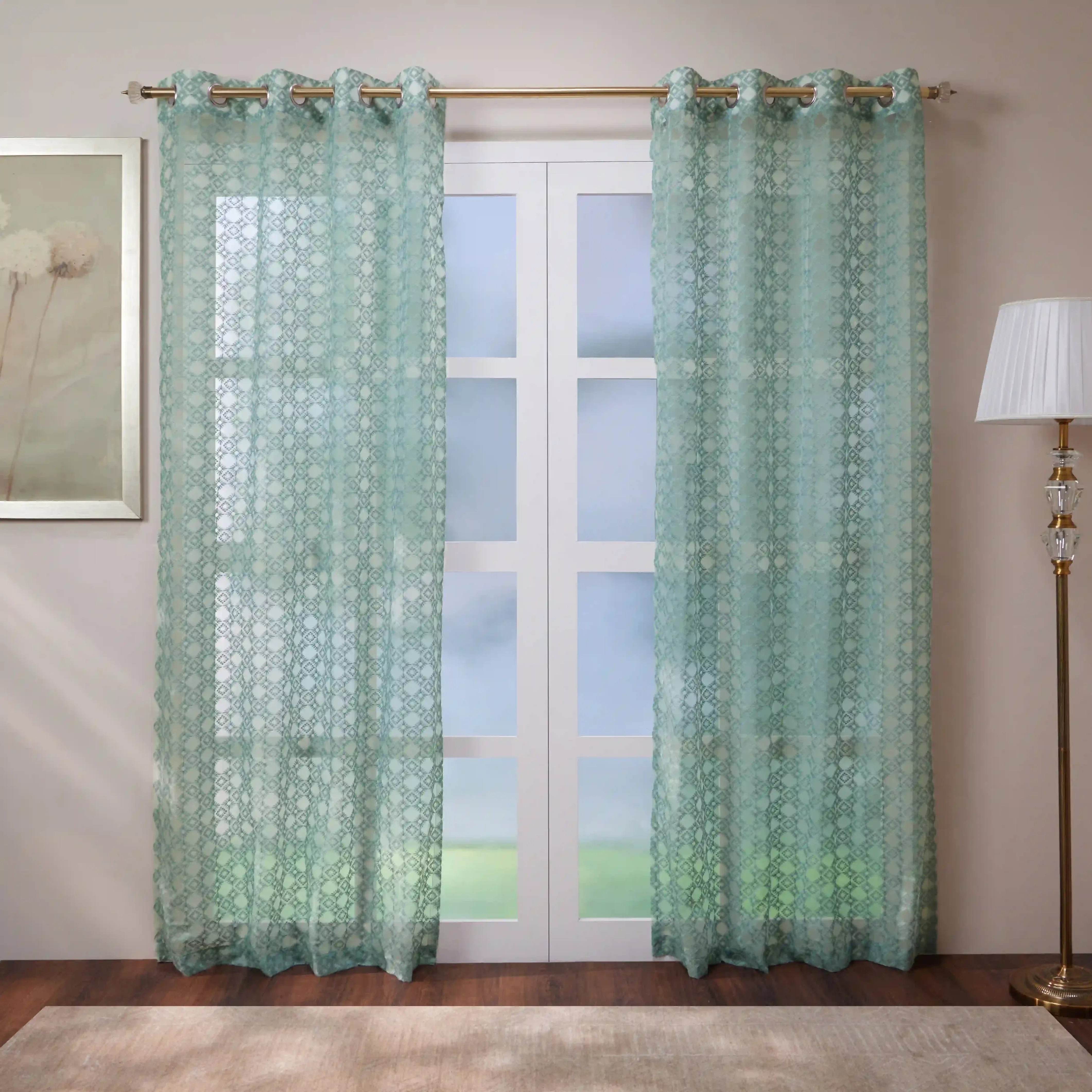 Velina Set Of 2 Embroidered Sheer Readymade Curtains | Modern Heritage Evergreen Teal / Door (3.60ft X 7.22ft)