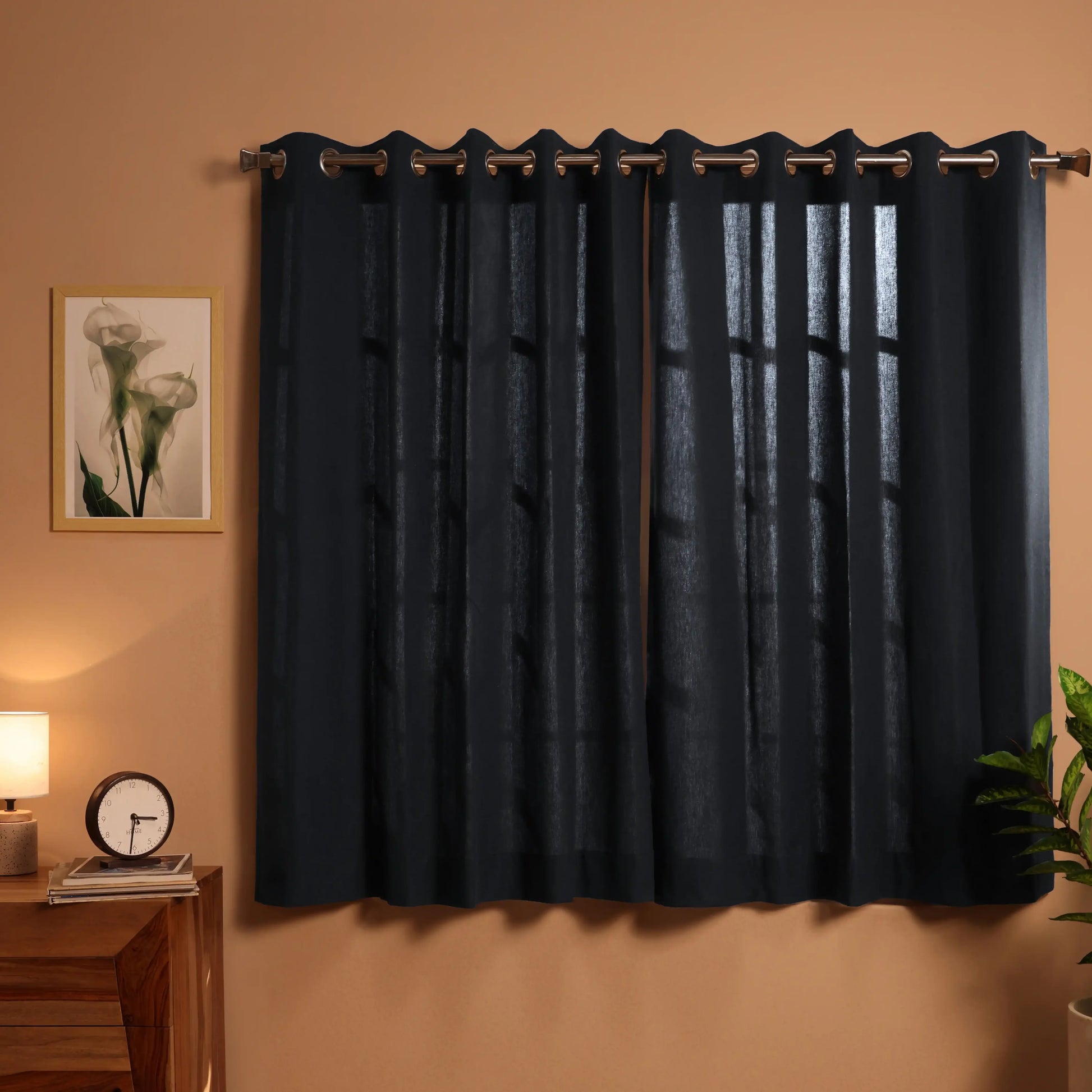 Pelushe Set Of 2 100% Cotton Solid Readymade Curtains | Everyday Hues Black Beauty / Window (5ft X 4.4ft)