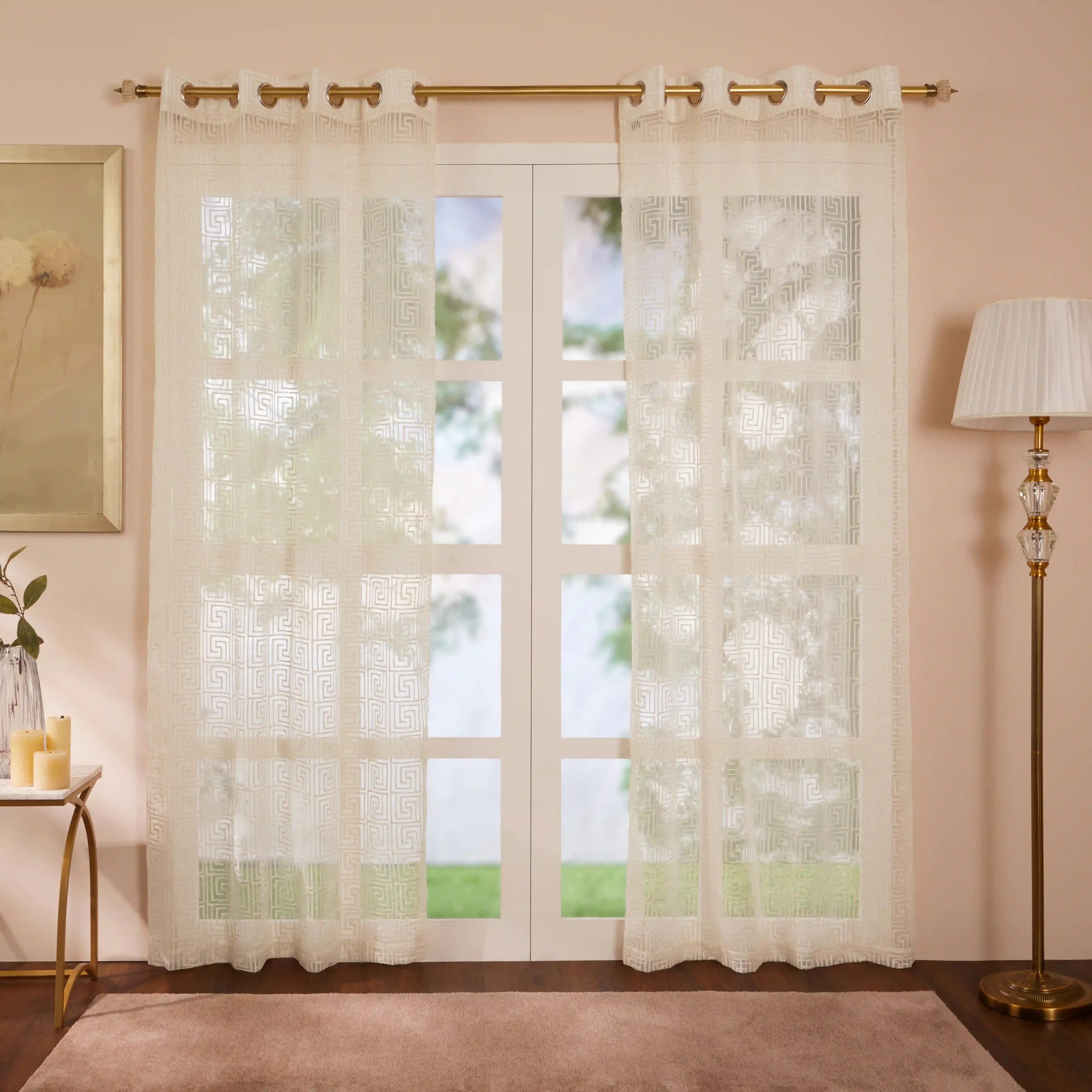 Velina Set Of 2 Embroidered Sheer Readymade Curtains | Modern Maze Cream / Door (3.60ft X 7.22ft)
