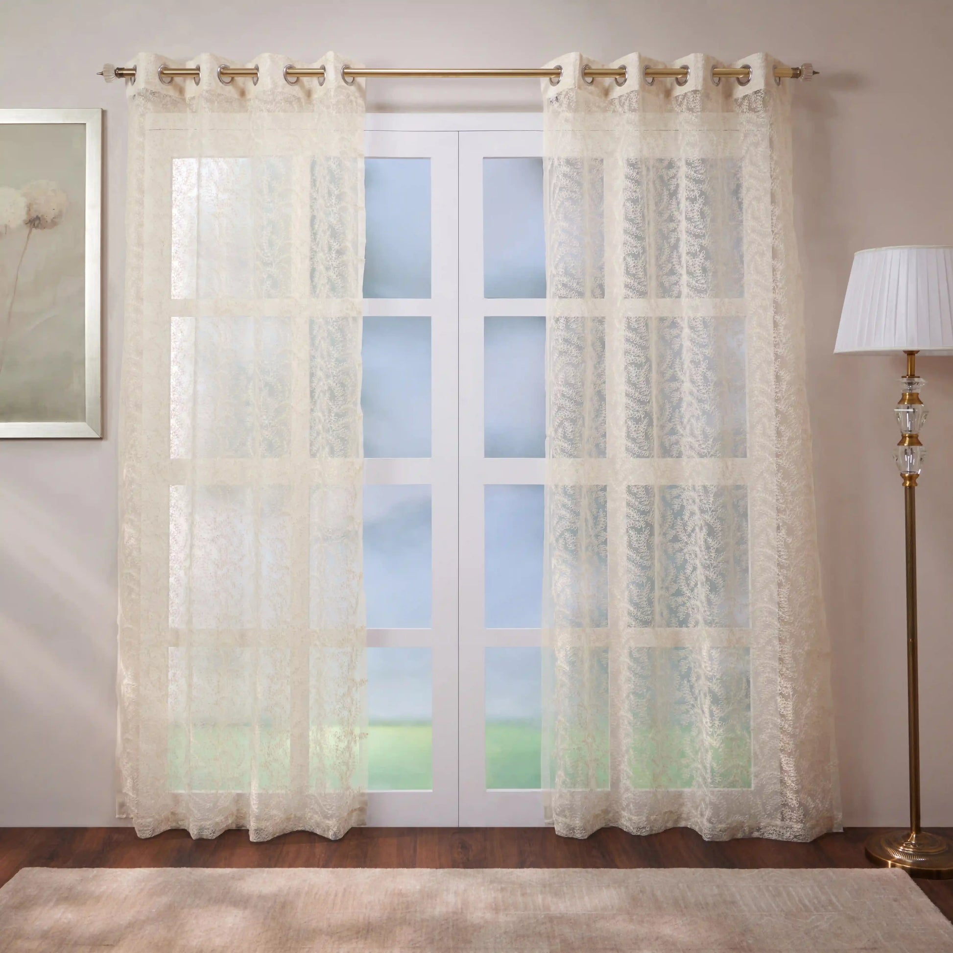Velina Set Of 2 Embroidered Sheer Readymade Curtains | Urban Forest Oatmeal / Door (3.60ft X 7.22ft)