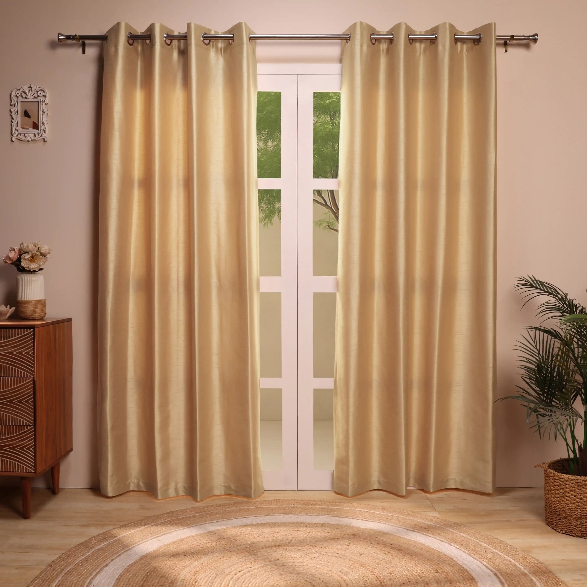 Paleto Set Of 2 Solid Readymade Curtains | Pure Hues Wheat Husk / Door (4.25ft X 7.22ft)