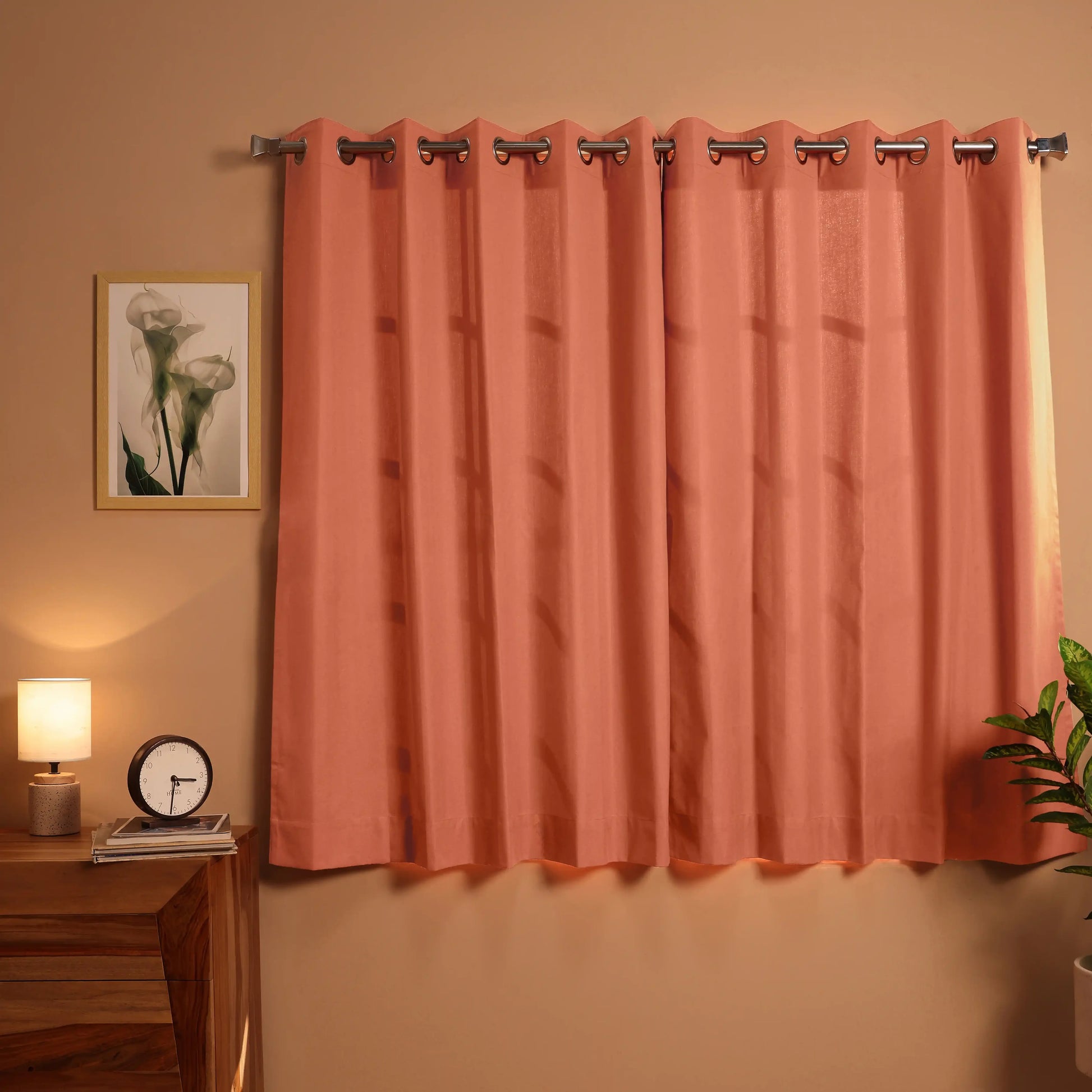 Pelushe Set Of 2 100% Cotton Solid Readymade Curtains | Everyday Hues Spice / Window (5ft X 4.4ft)