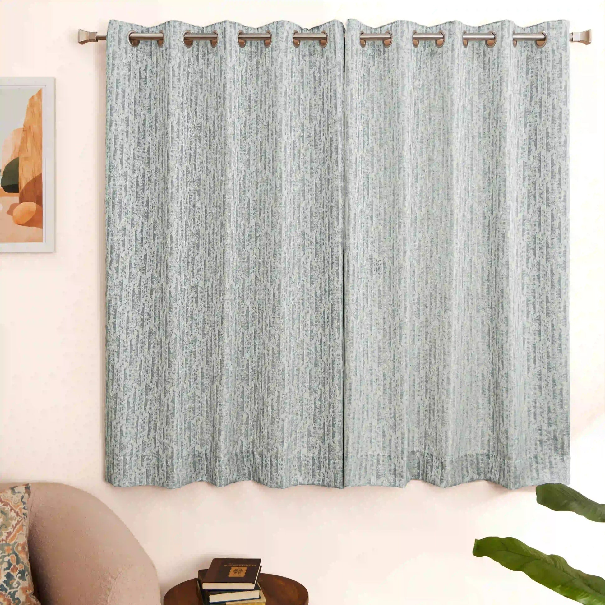 De Jacquard - Luxe Set Of 2 Jacquard Readymade Curtains | Prism Play Minty Wave / Window (5ft X 4.4ft)