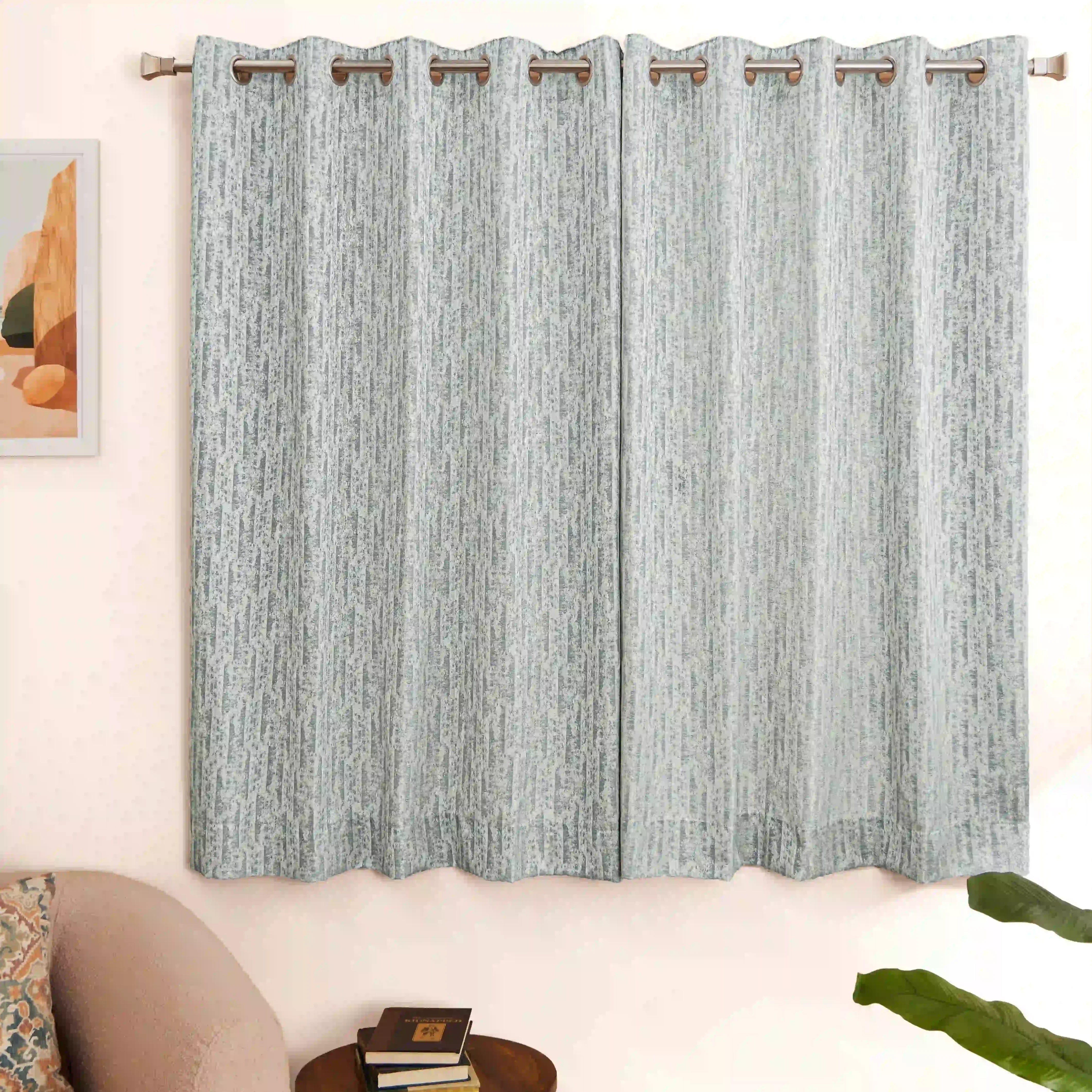 De Jacquard - Luxe Set Of 2 Jacquard Readymade Curtains | Prism Play Minty Wave / Window (5ft X 4.4ft)