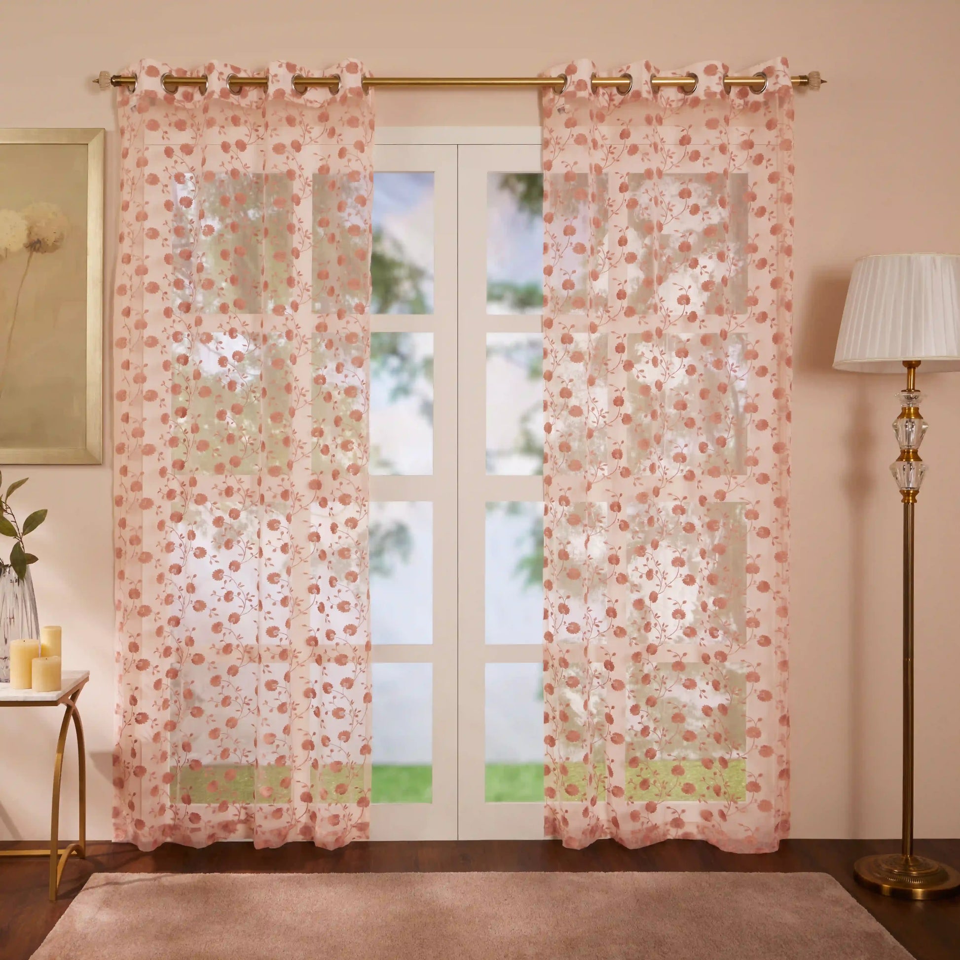 Velina Set Of 2 Embroidered Sheer Readymade Curtains | Vintage Chintz Powder Pink / Door (3.60ft X 7.22ft)