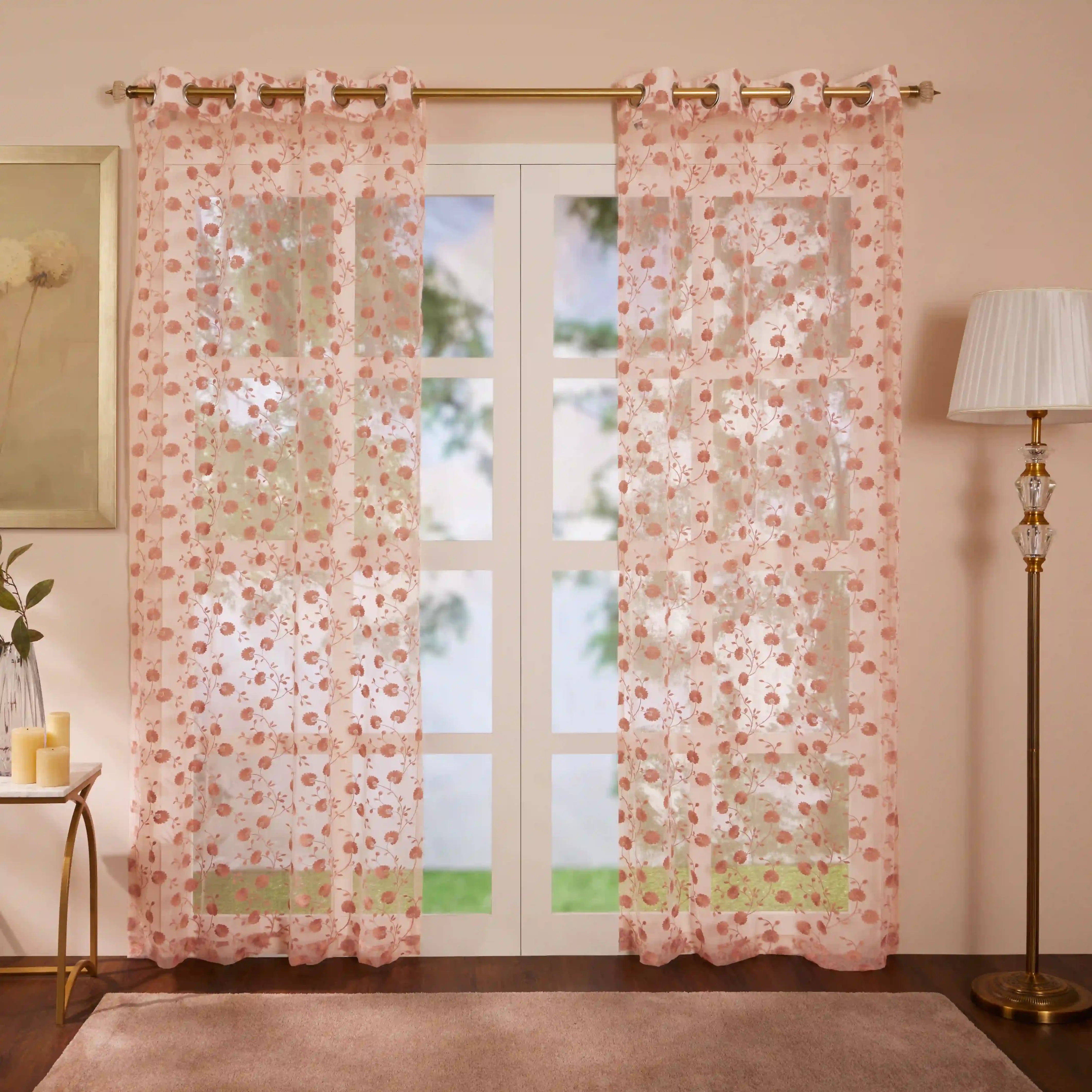 Velina Set Of 2 Embroidered Sheer Readymade Curtains | Vintage Chintz Powder Pink / Door (3.60ft X 7.22ft)