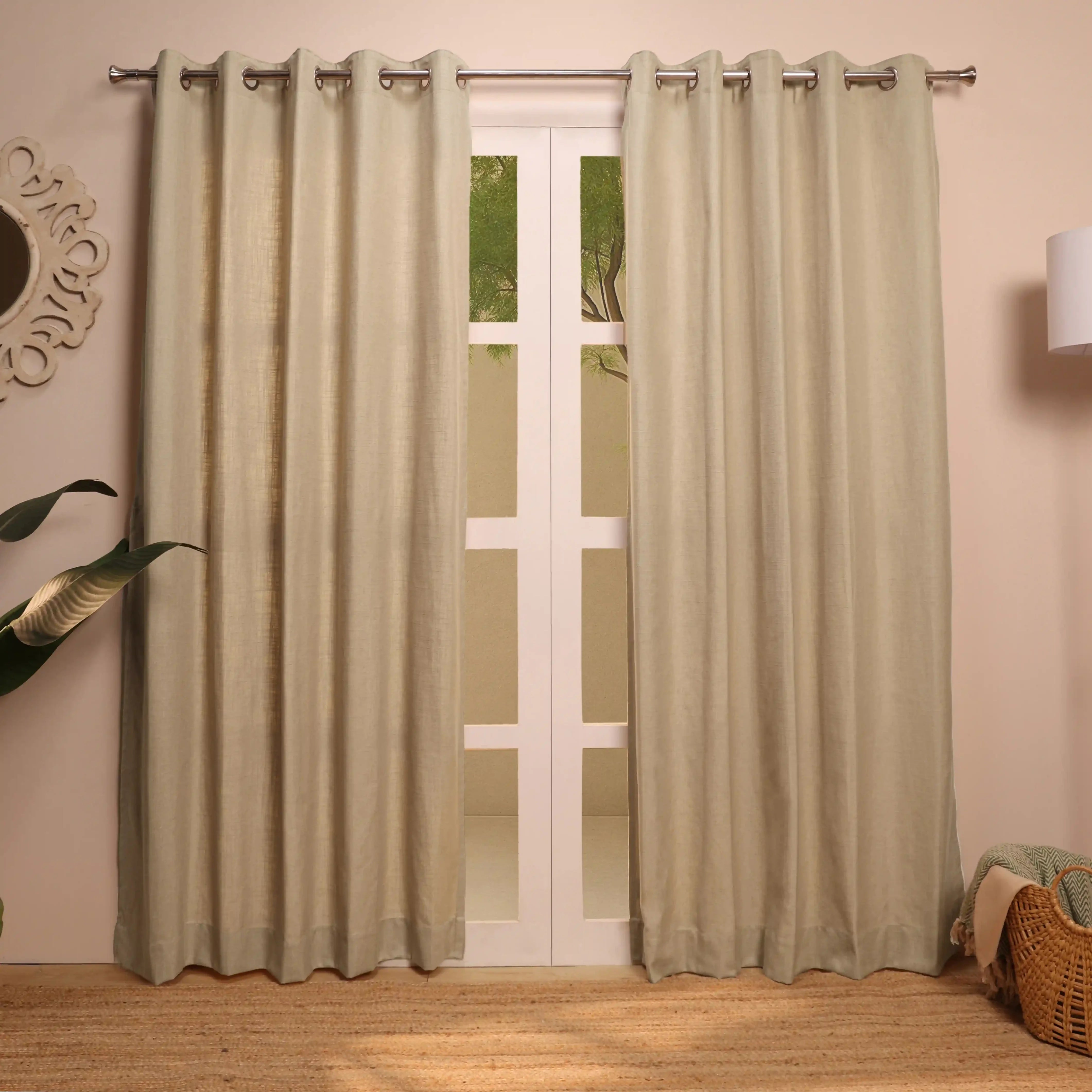 Paleto Set Of 2 Solid Readymade Curtains | Forest Days Tan / Door (7ft X 4.4ft)
