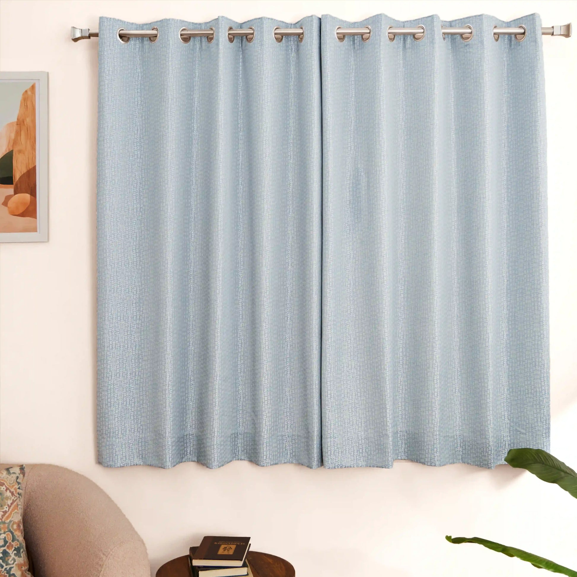 De Jacquard - Luxe Set Of 2 Jacquard Readymade Curtains | Natural Imprint Ink Dust / Window (5ft X 4.4ft)