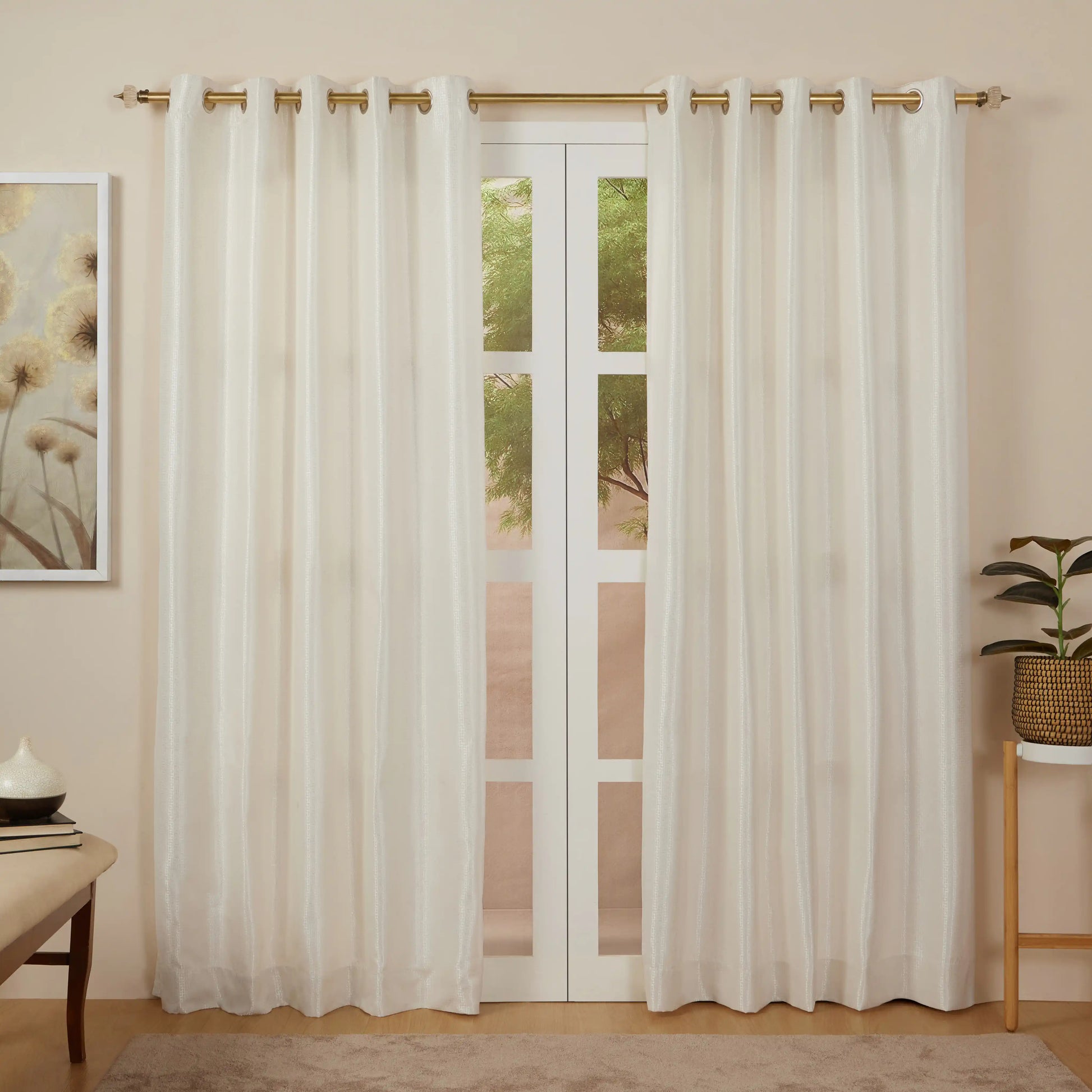 Pelushe Set Of 2 Solid Readymade Curtains | Checkered Nature Butterscotch / Door (7ft X 4.4ft)