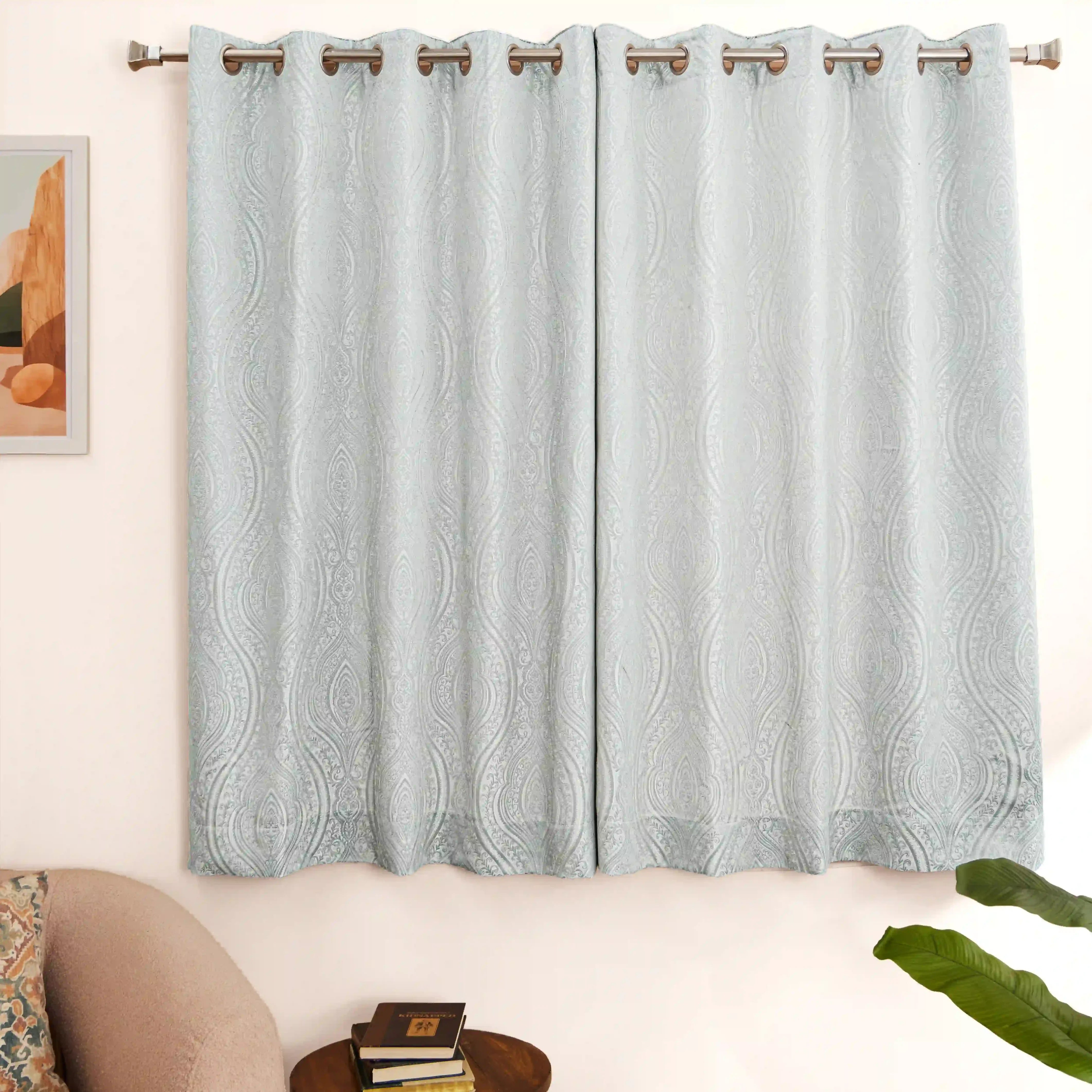 De Jacquard - Luxe Set Of 2 Jacquard Readymade Curtains | Royal Mirage Silver / Window (5ft X 4.4ft)