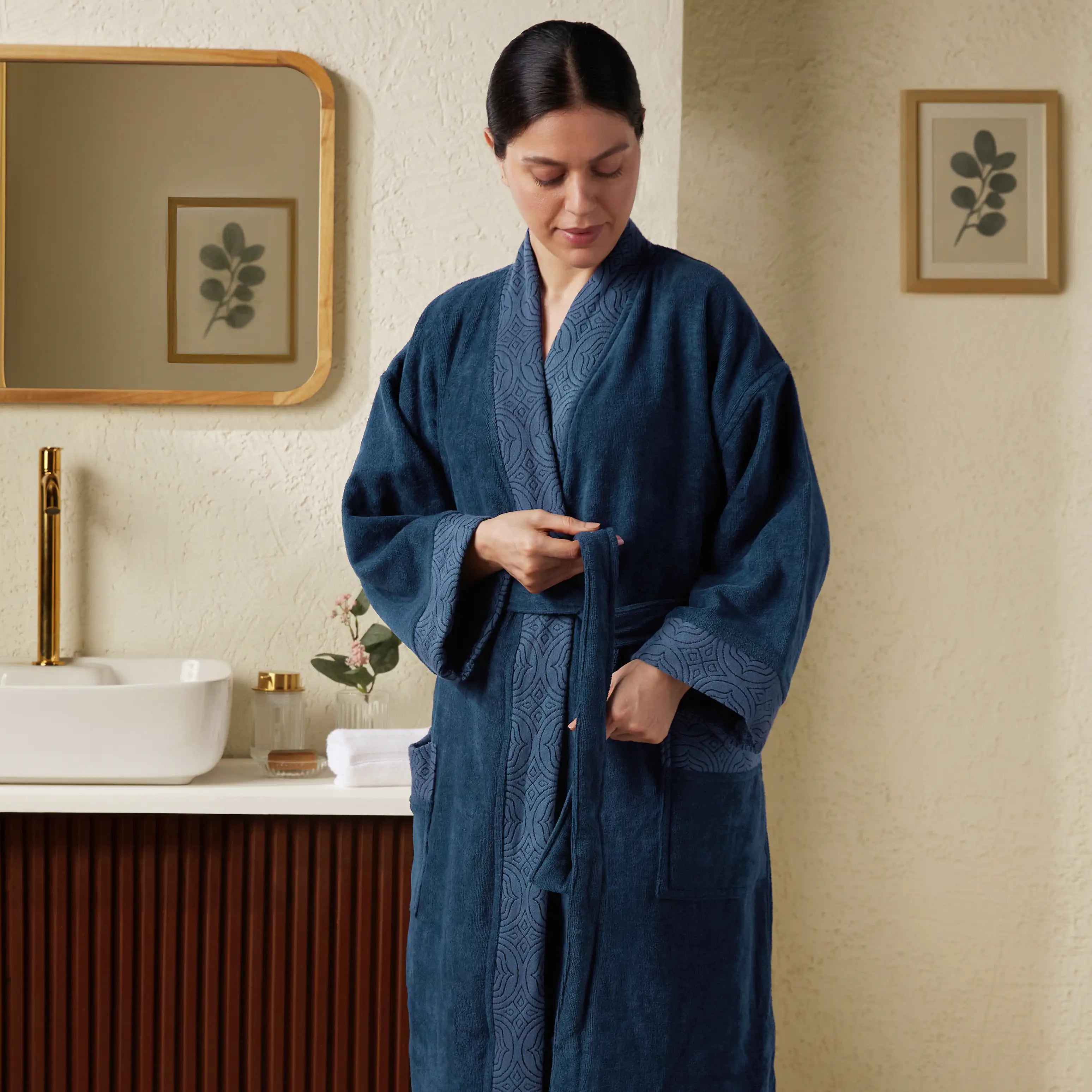 De Jacquard 100% Cotton Bathrobe Navy Blue / Large
