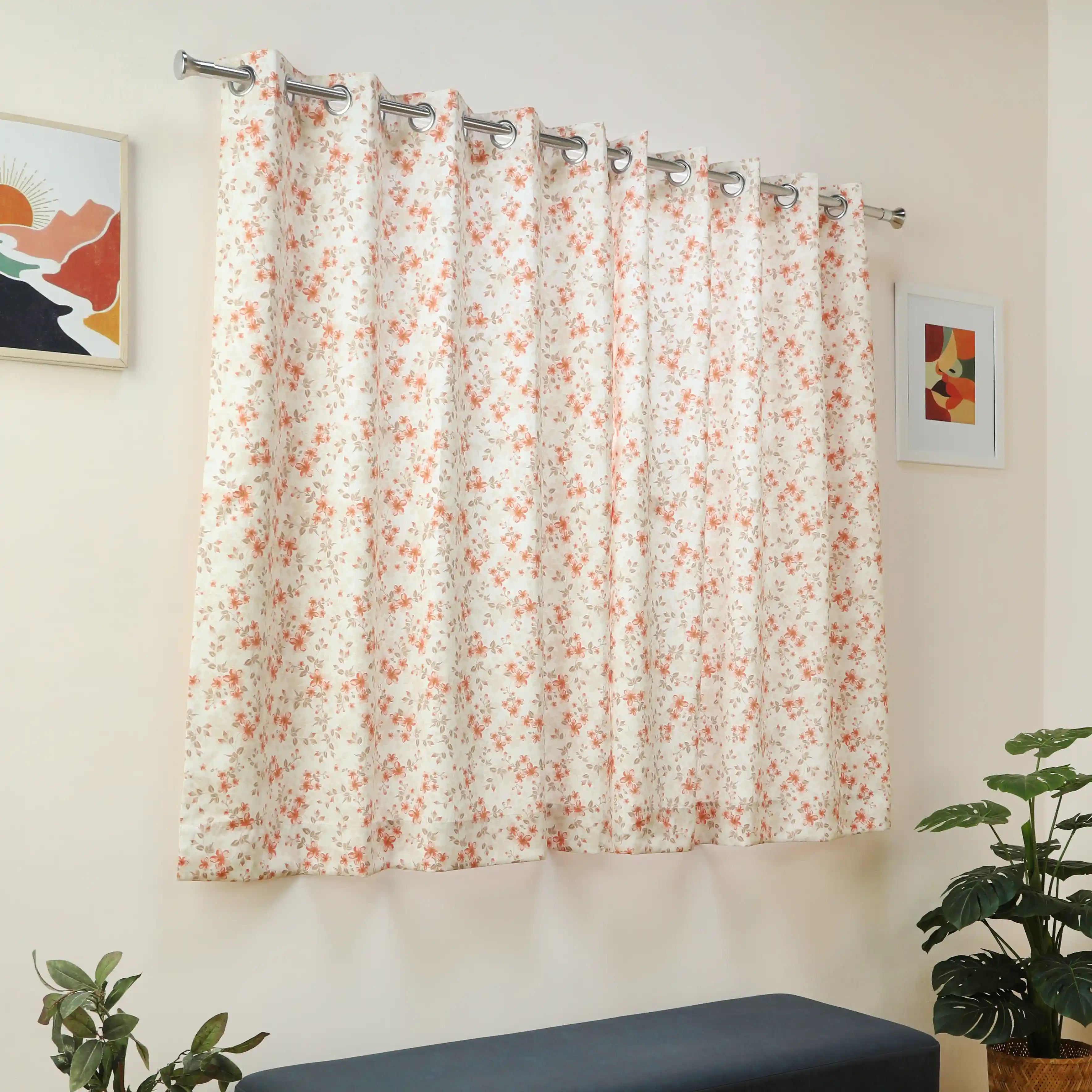 Bloomshire Classic Set Of 2 Printed Readymade Curtains | Blooming Tales Burnt Ruby / Window (5ft X 4.4ft)