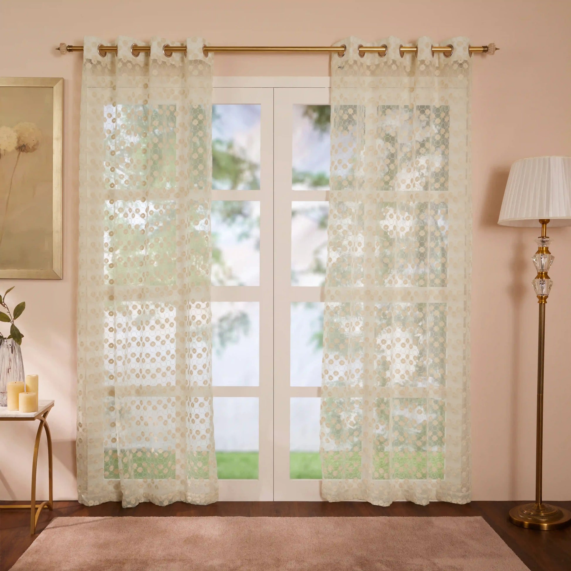 Velina Set Of 2 Embroidered Sheer Readymade Curtains | Beyond Circles Milky Sand / Door (3.60ft X 7.22ft)