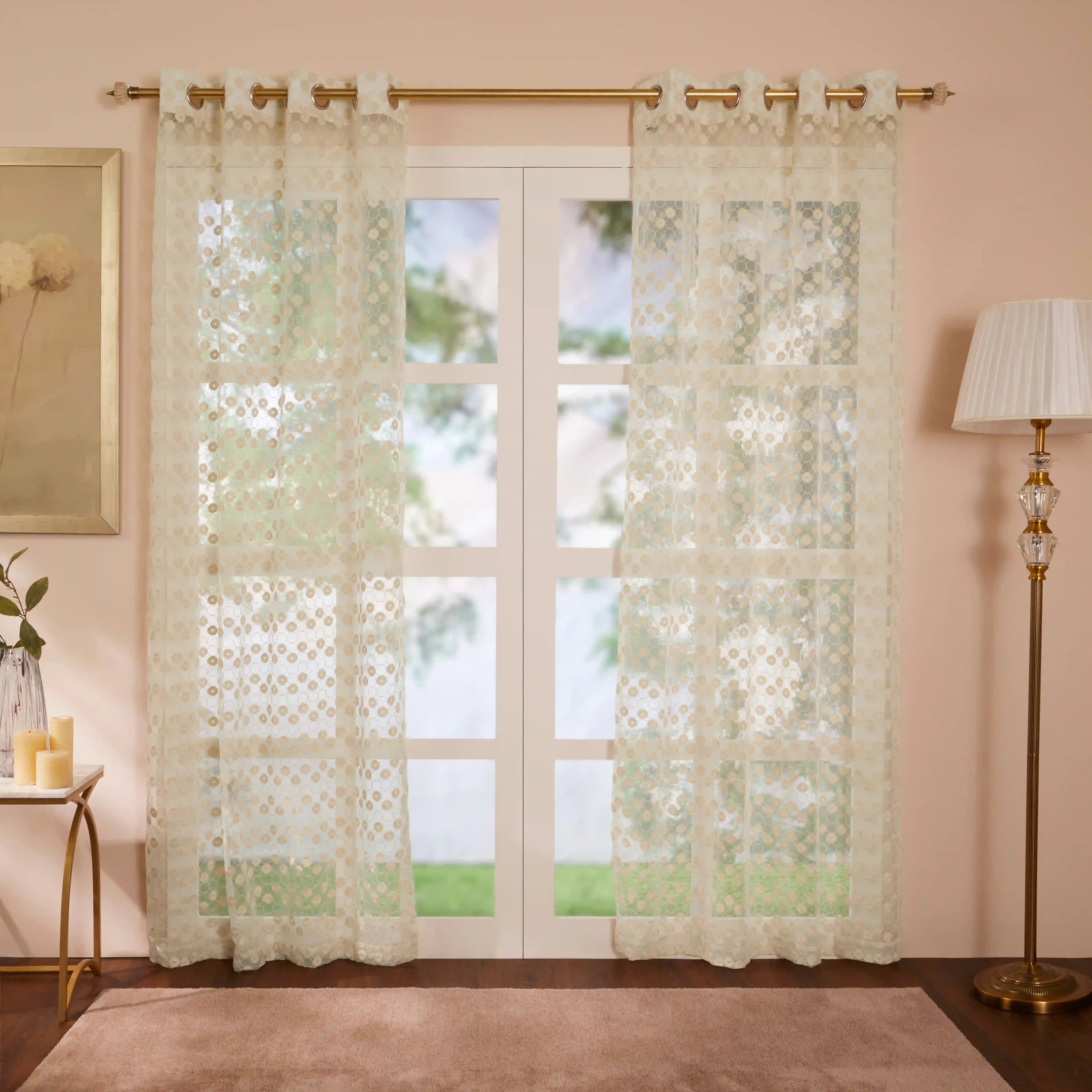 Velina Set Of 2 Embroidered Sheer Readymade Curtains | Beyond Circles Milky Sand / Door (3.60ft X 7.22ft)