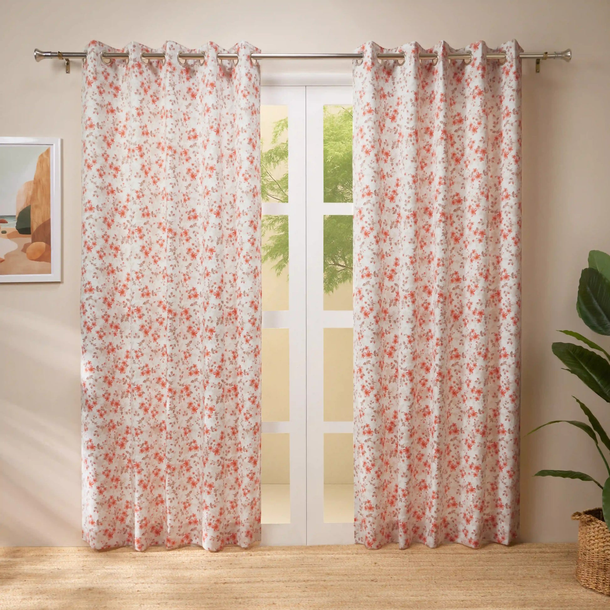 Bloomshire Classic Set Of 2 Printed Readymade Curtains | Blooming Tales Burnt Ruby / Door (7ft X 4.4ft)