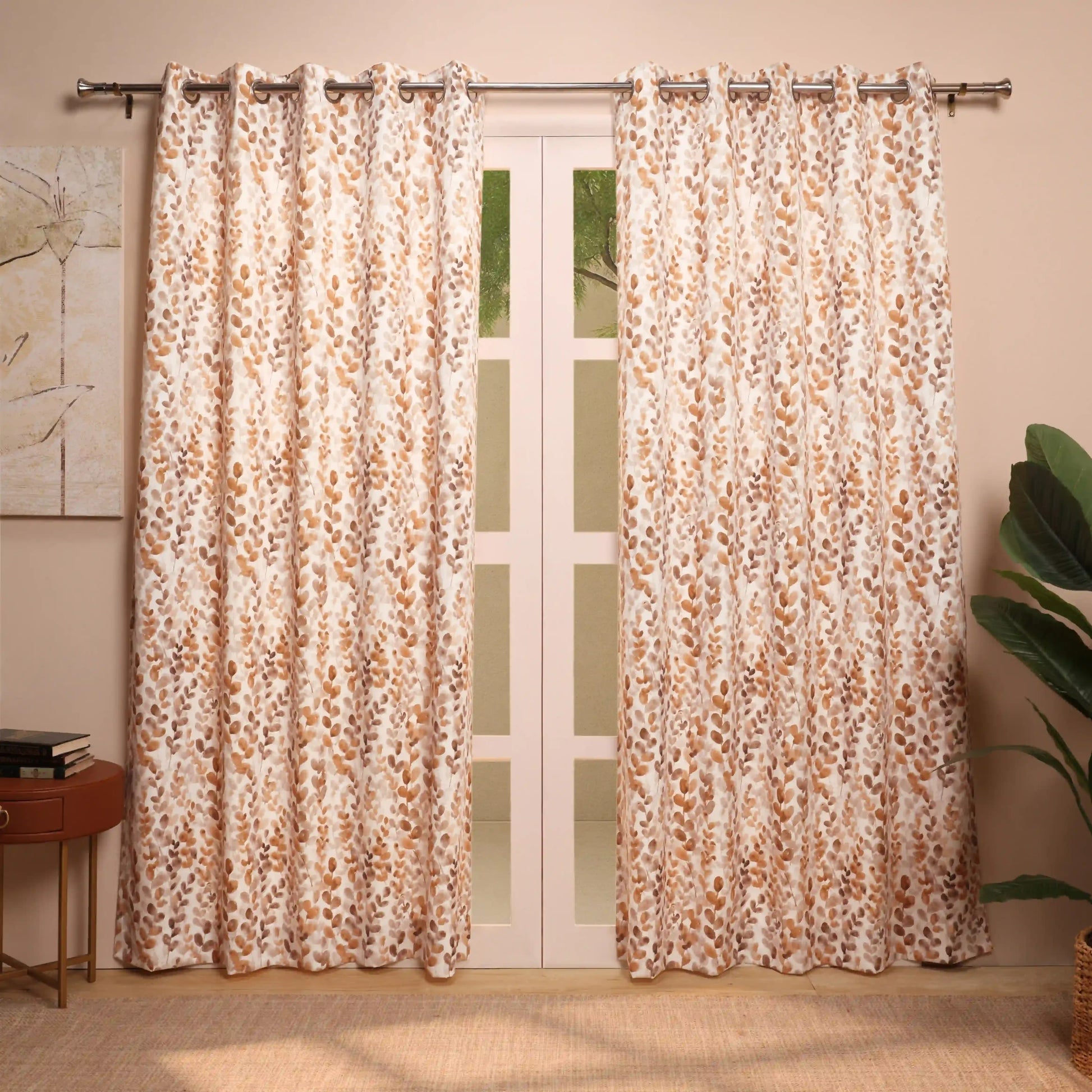 Bloomshire Classic Set Of 2 Printed Readymade Curtains | Leafy Fresh Clay / Door-XL (9ft X 4.4ft)