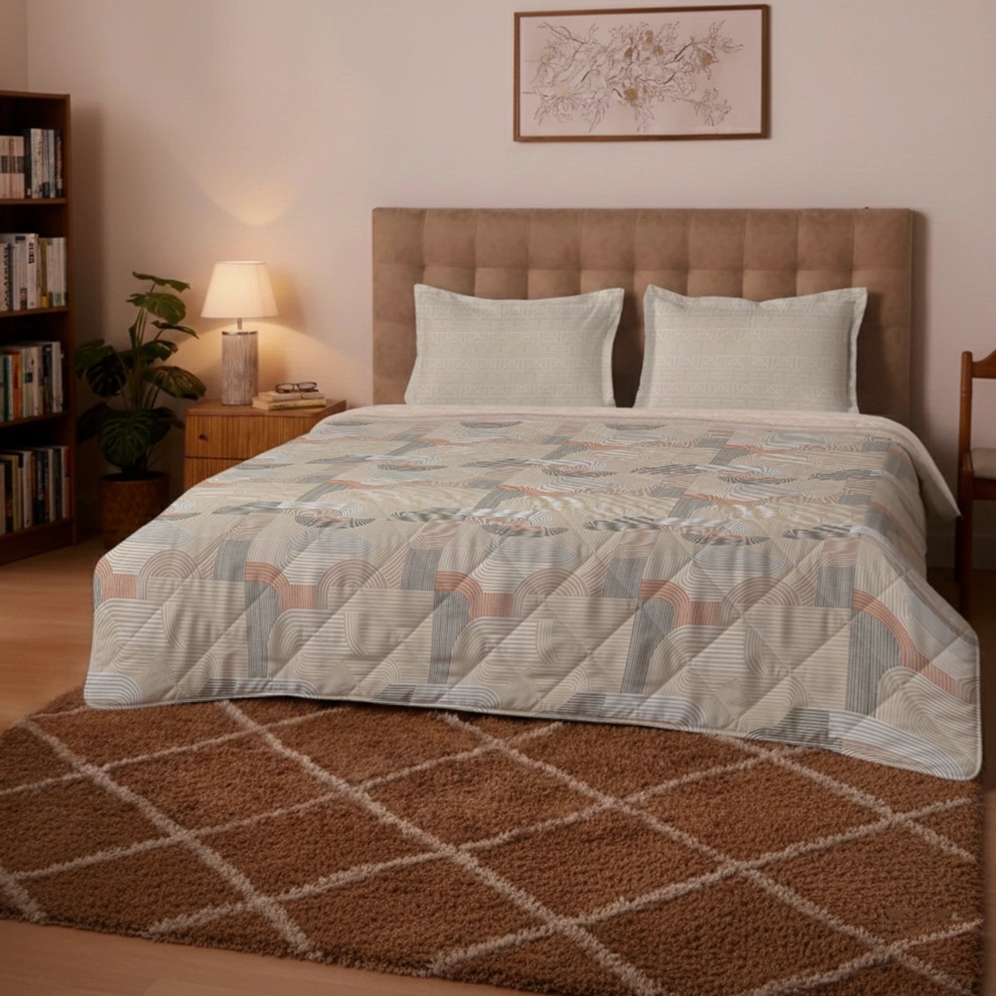 Udyan Tales | Modern Abstract Printed 150 GSM Reversible Comforter - Neutral Beige Neutral Beige / King