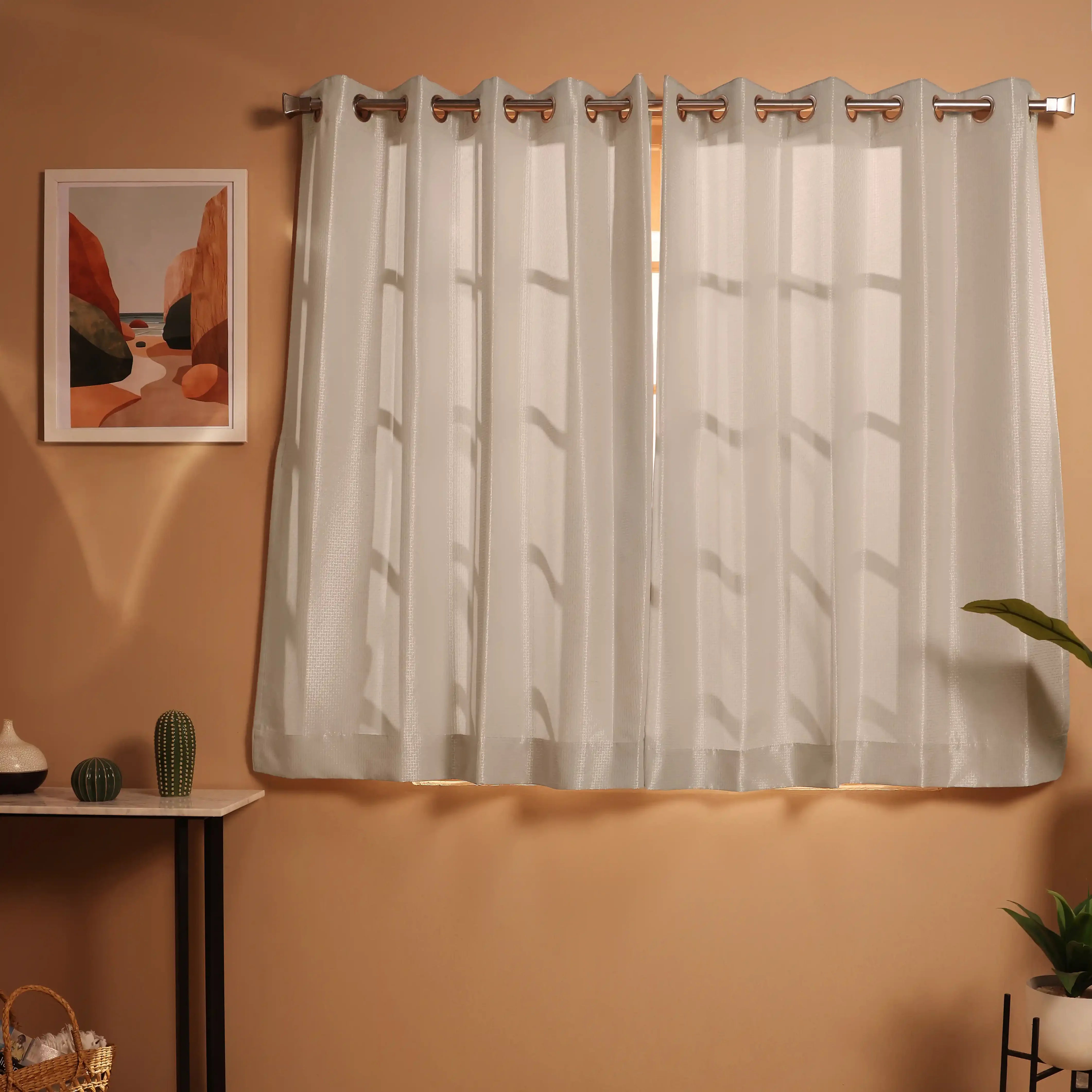 Pelushe Set Of 2 Solid Readymade Curtains | Checkered Nature Misty Rose / Window (5ft X 4.4ft)