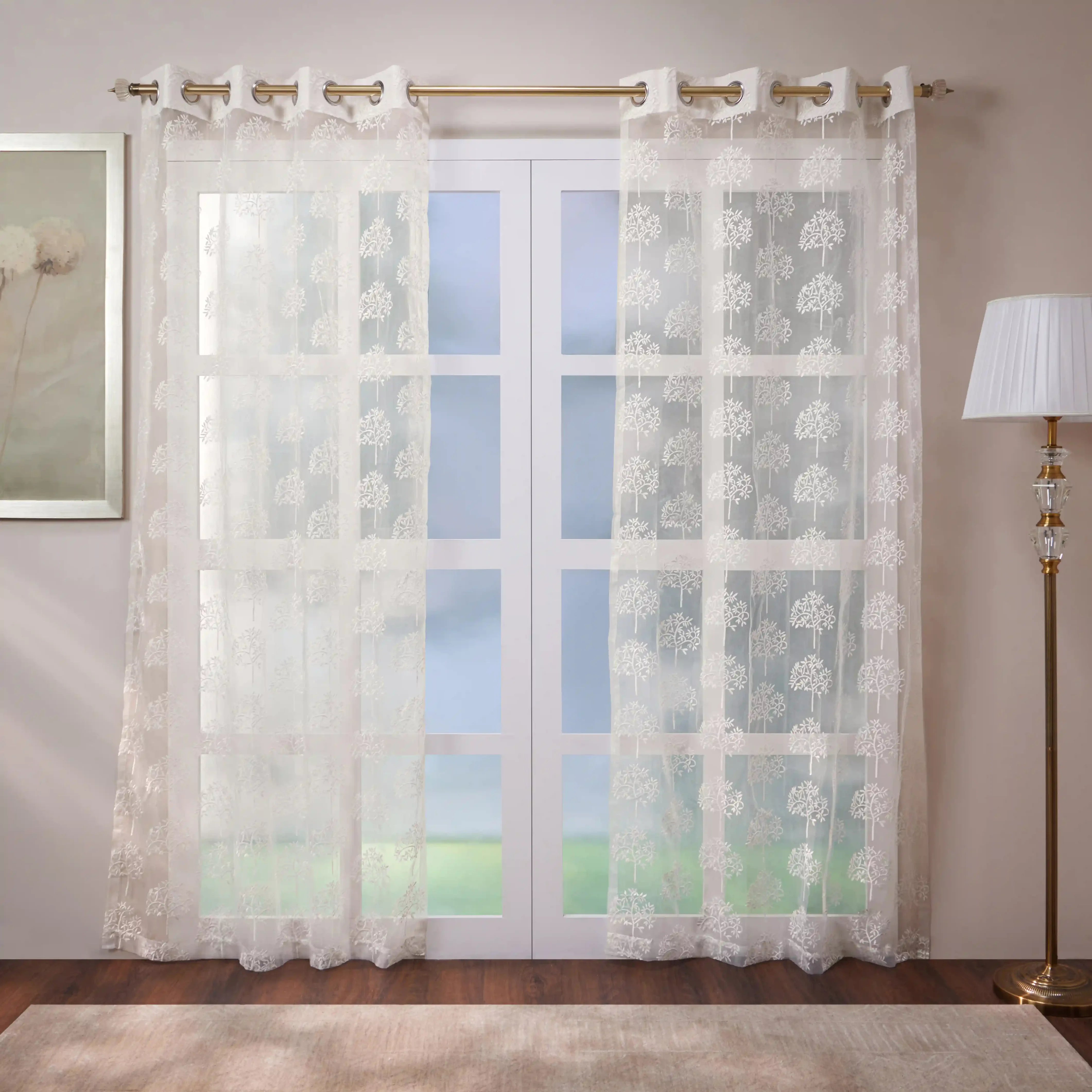 Velina Set Of 2 Embroidered Sheer Readymade Curtains | Botanical Trails Chalk Glow / Door (3.60ft X 7.22ft)