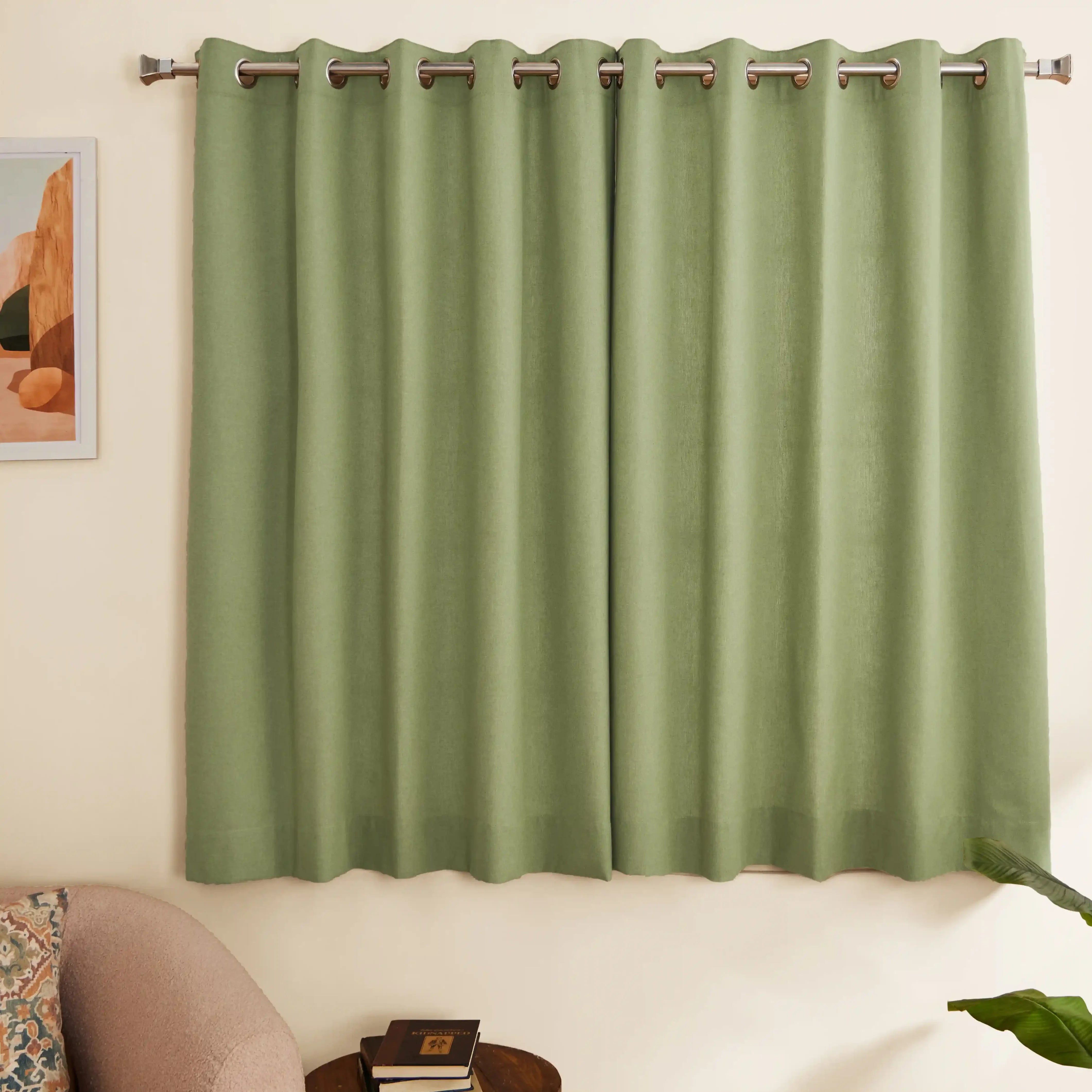Pelushe Set Of 2 100% Cotton Solid Readymade Curtains | Everyday Hues Soft Moss / Window (5ft X 4.4ft)