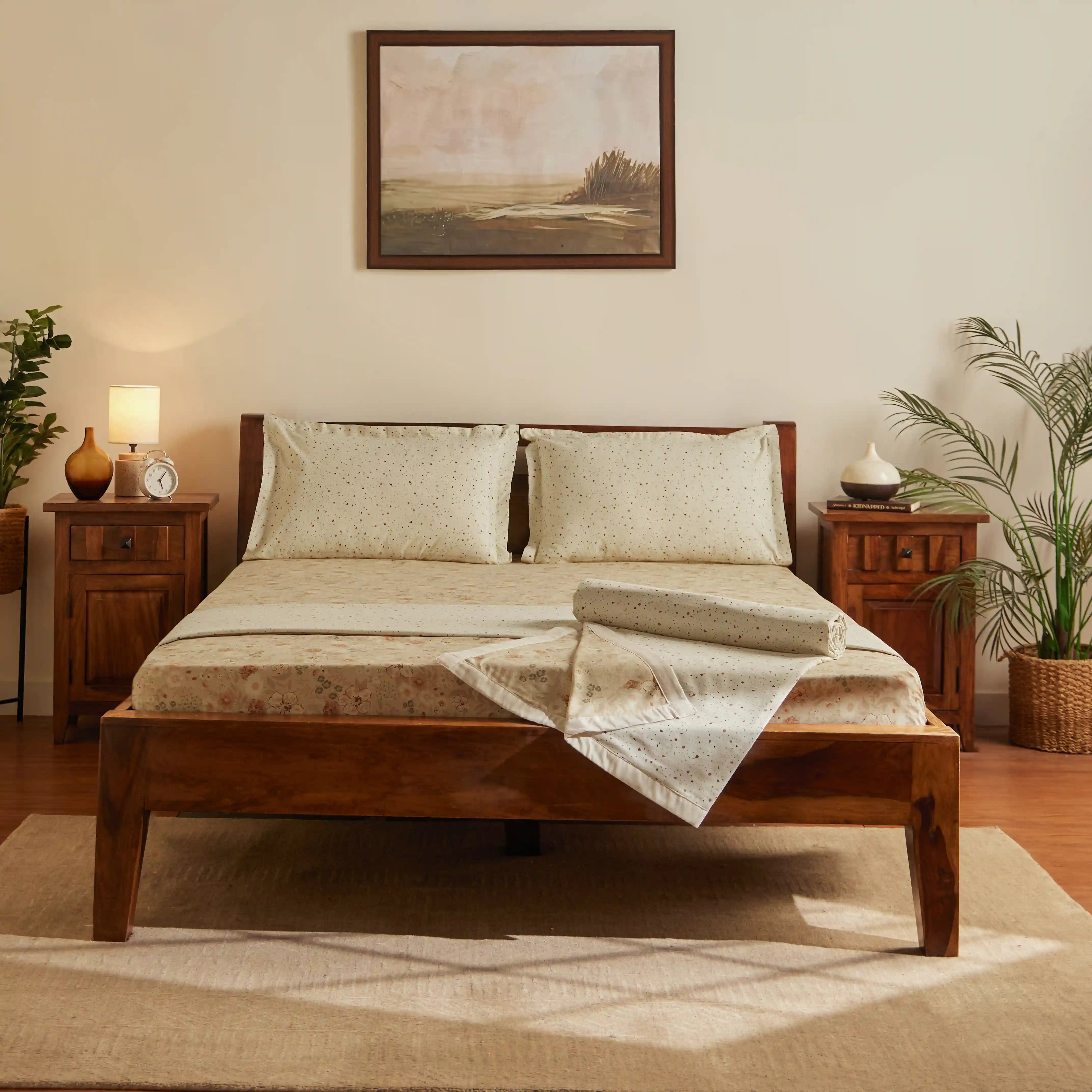Mishella Printed Beige Bedding Set-2 (Dbl Bedsheet + 2 Sgl Dohar) Beige / Double