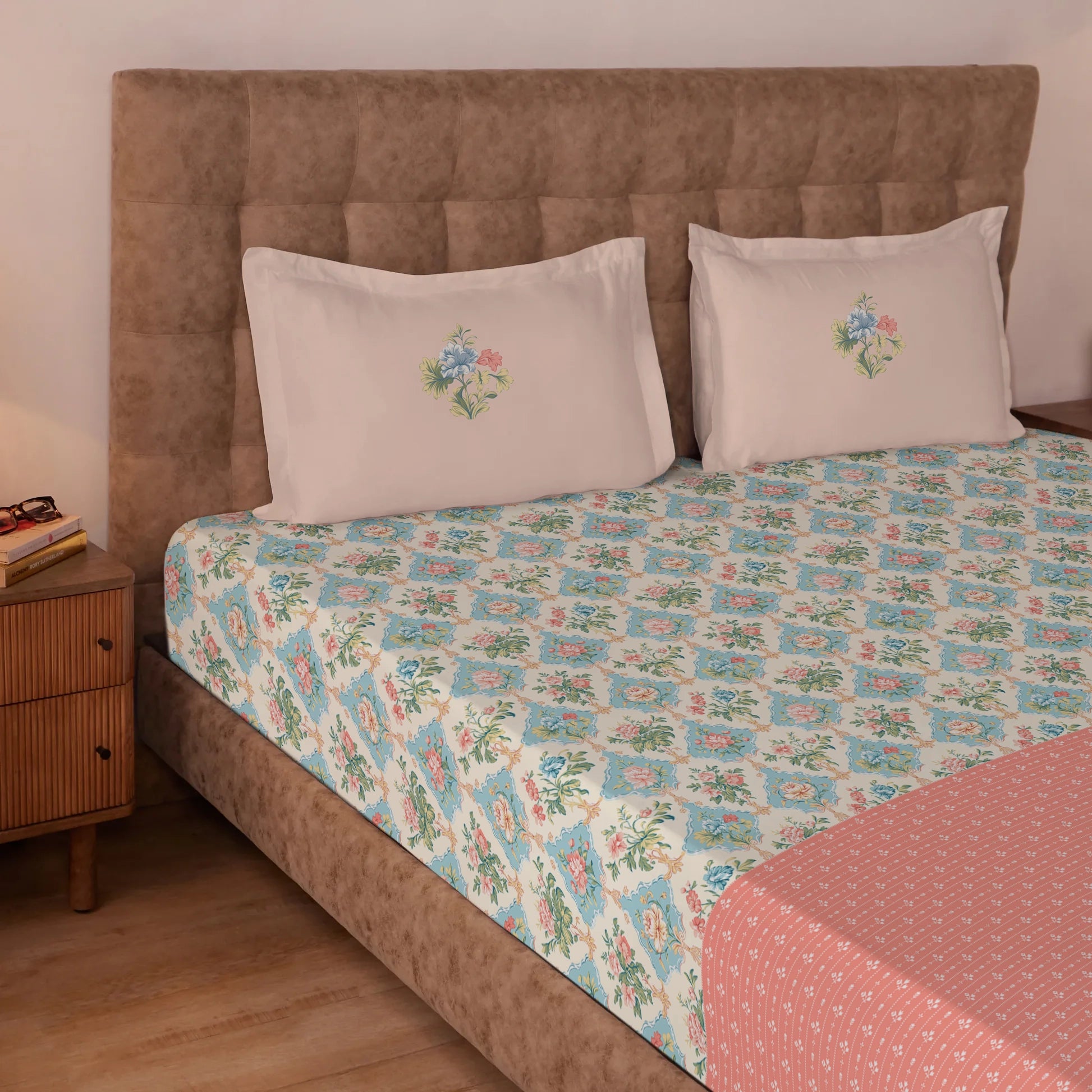 Udyan Tales | Enchanted Floral Printed Cotton Bedsheet Set - Flamingo Pink Flamingo Pink / King