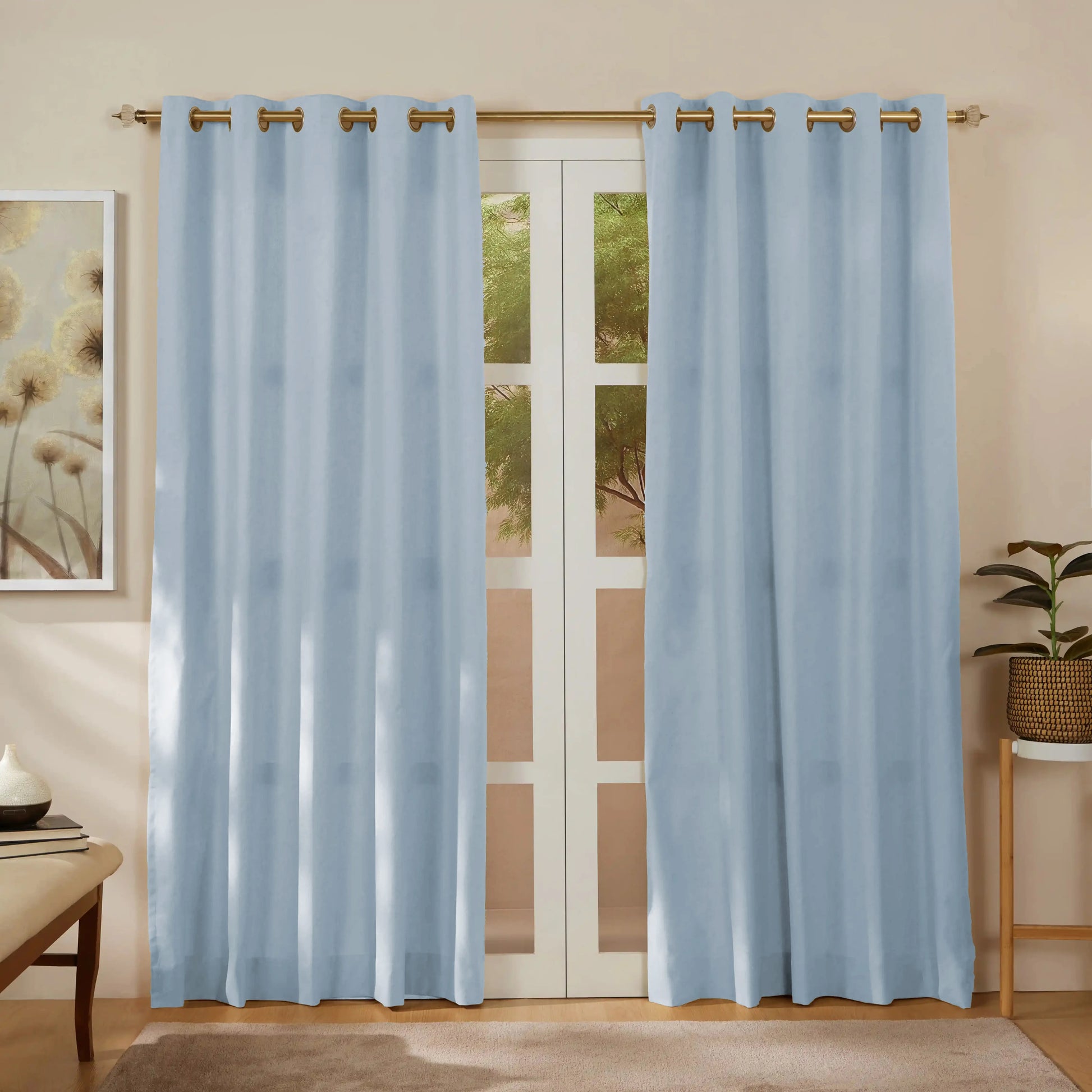 Pelushe Set Of 2 100% Cotton Solid Readymade Curtains | Everyday Hues Blue Haze / Door (7ft X 4.4ft)