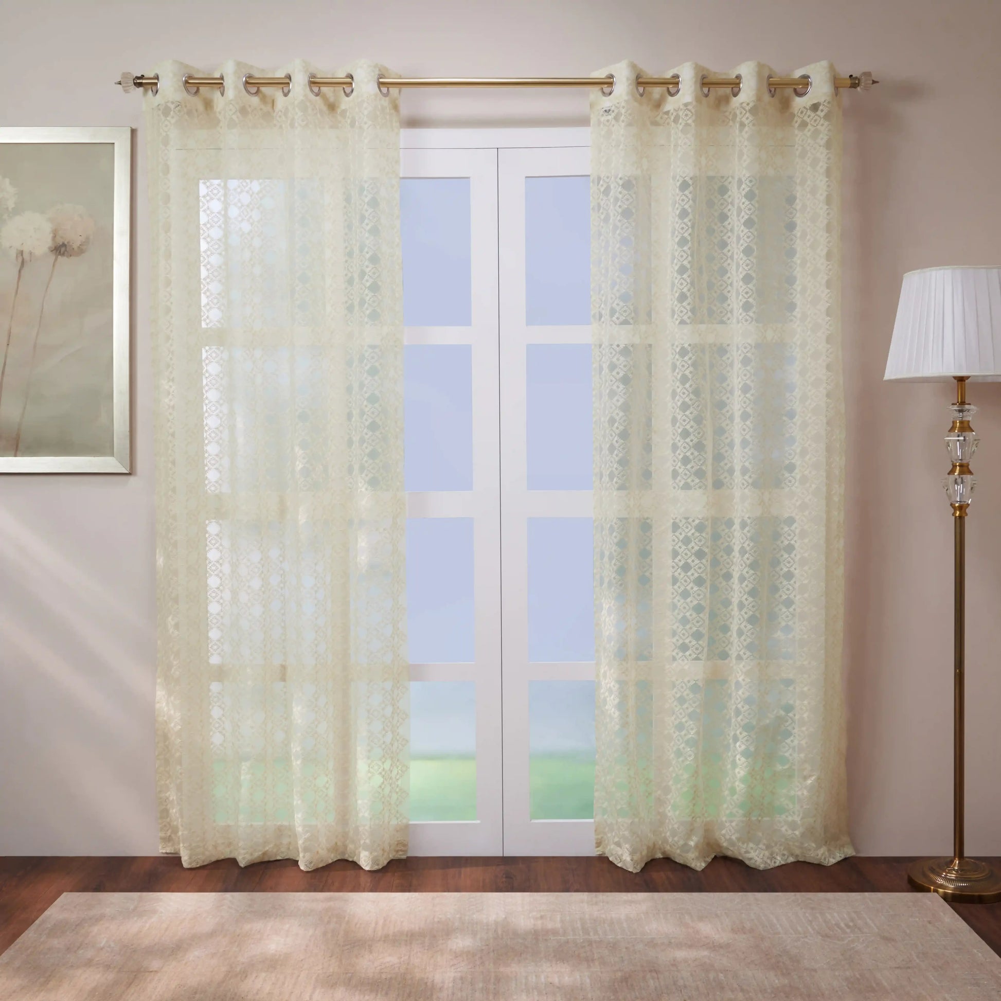 Velina Set Of 2 Embroidered Sheer Readymade Curtains | Modern Heritage Soft Ecru / Door (3.60ft X 7.22ft)
