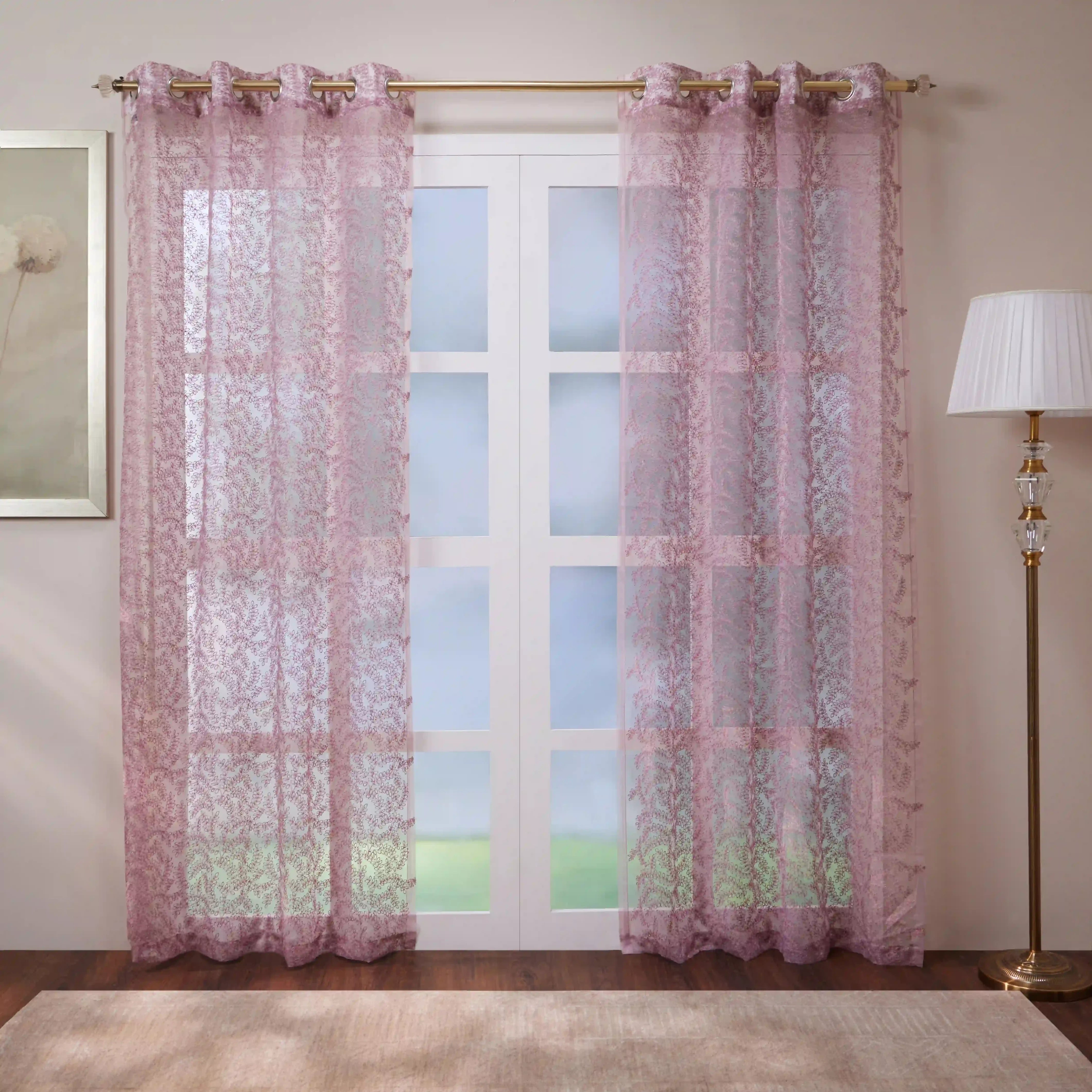 Velina Set Of 2 Embroidered Sheer Readymade Curtains | Urban Forest Rosewood Mauve / Door (3.60ft X 7.22ft)