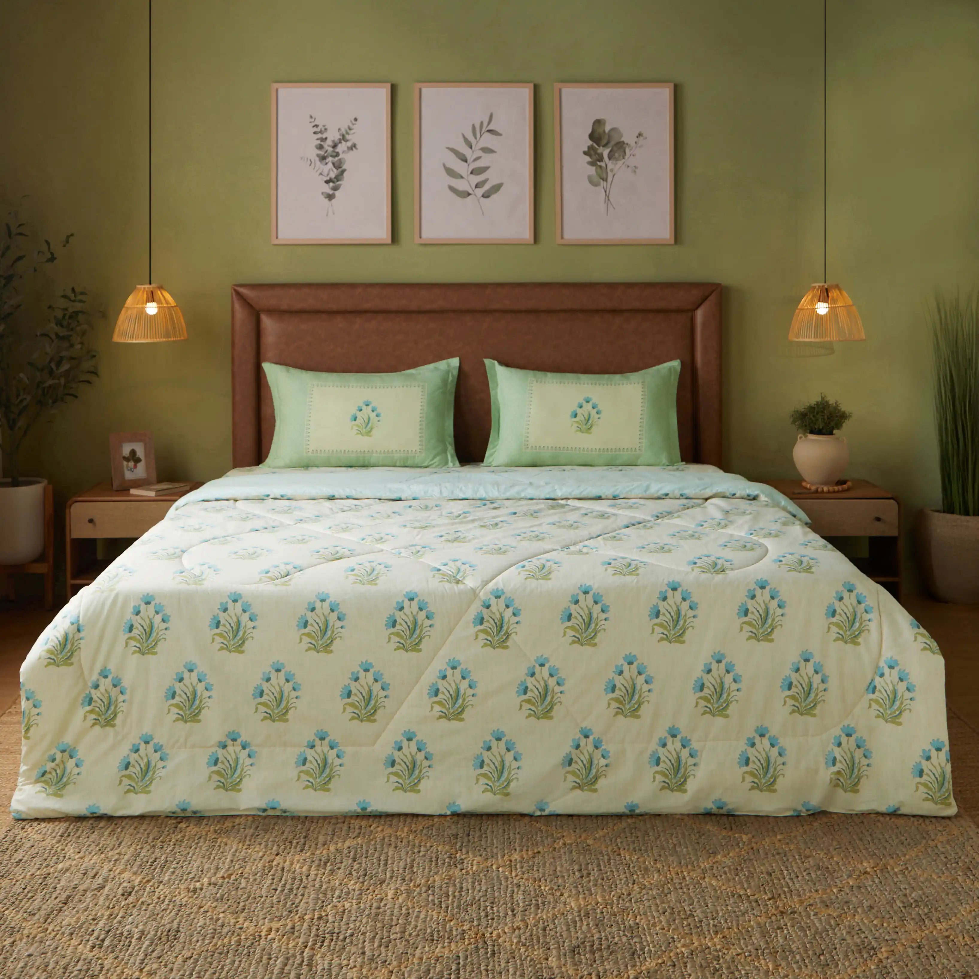 Chippa Lane | Contemporary Indian Print Design Coordinated Bedding Set | Set of Bedsheet & Comforter-Indian Sage Indian Sage / Double