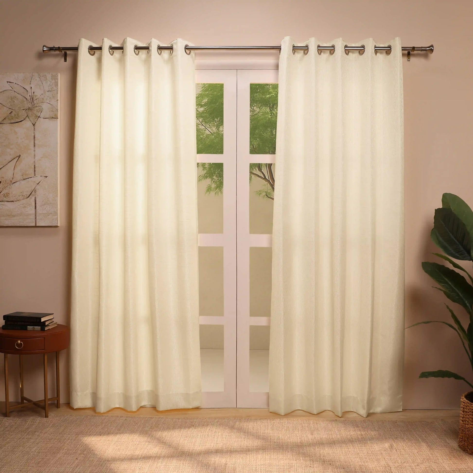 De Jacquard - Classic Set Of 2 Jacquard Readymade Curtains | Layered Lines Snow / Door-XL (9ft X 4.4ft)