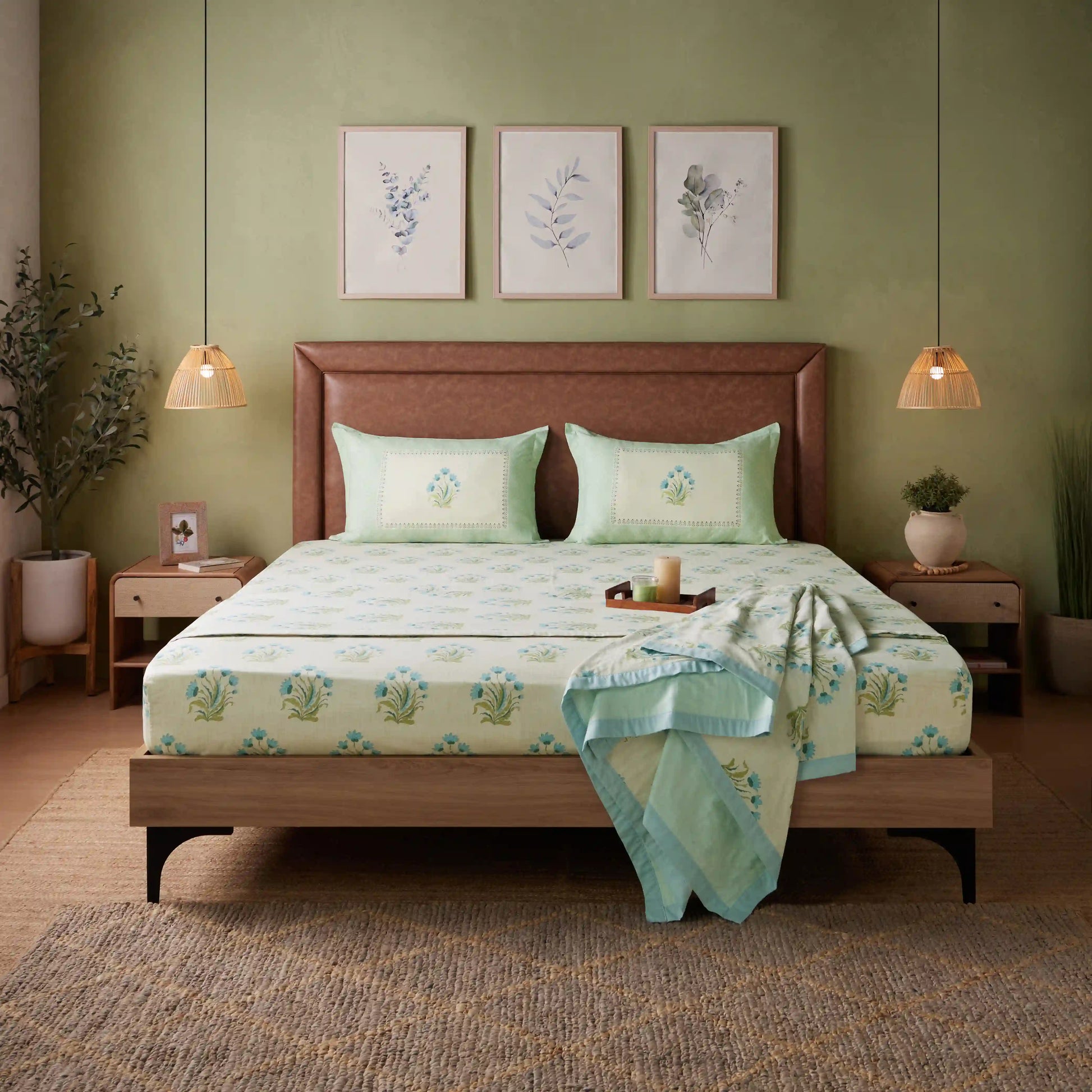 Chippa Lane | Contemporary Indian Print Design Coordinated Bedding Set | Set of Bedsheet & Dohars-Indian Sage Indian Sage / Double