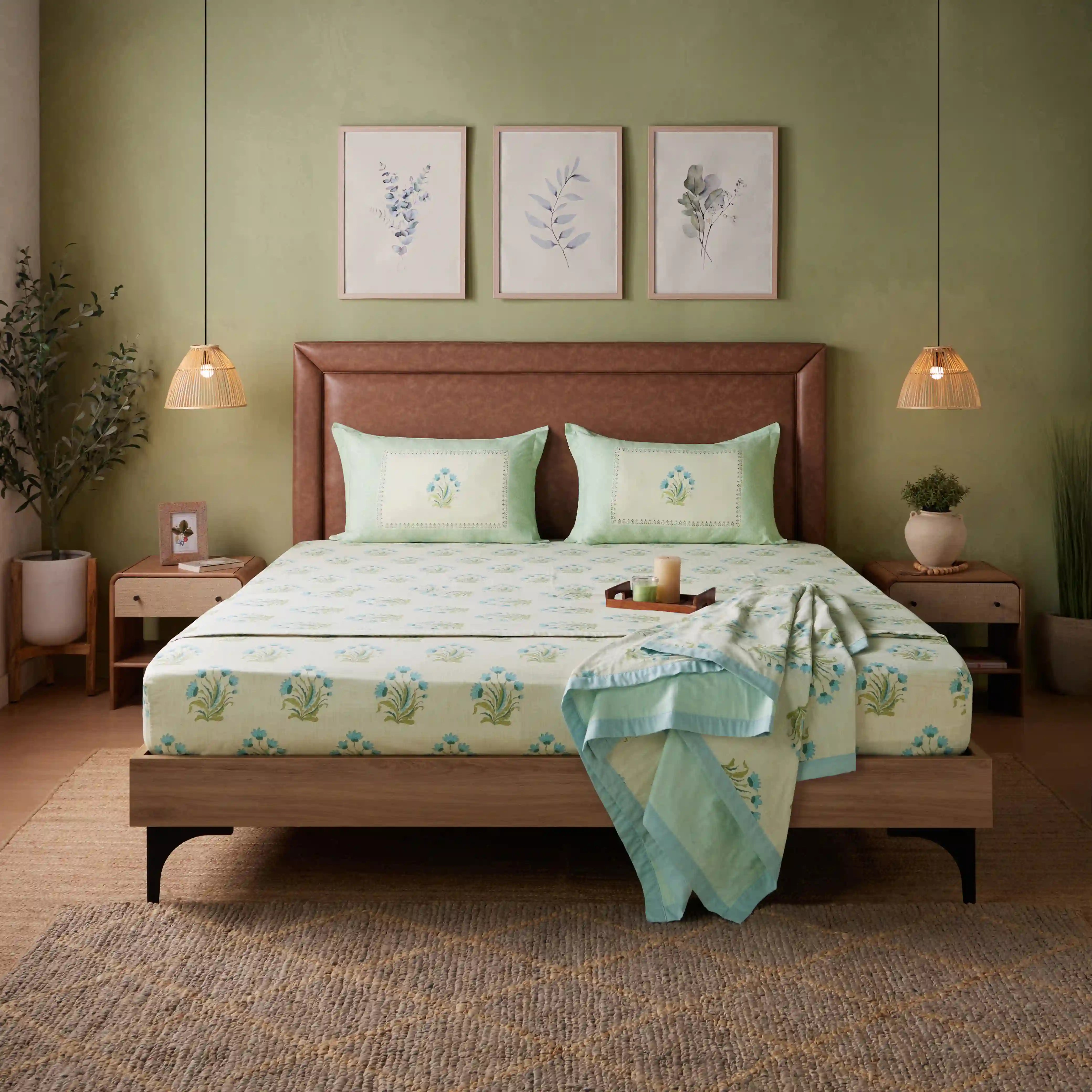 Chippa Lane | Contemporary Indian Print Design Coordinated Bedding Set | Set of Bedsheet & Dohars-Indian Sage Indian Sage / Double