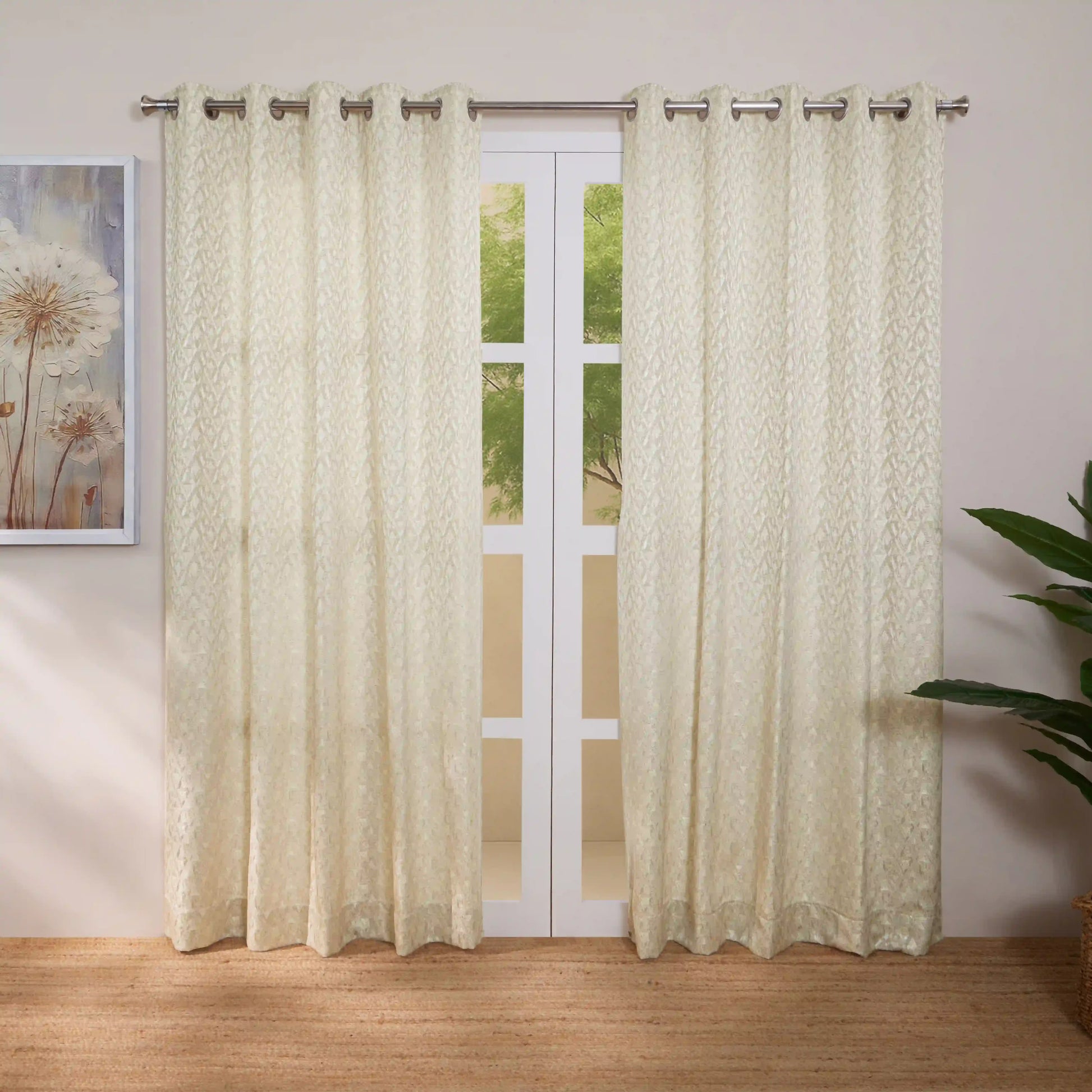 De Jacquard - Classic Set Of 2 Jacquard Readymade Curtains | Diamond Drift Stone / Door (7ft X 4.4ft)