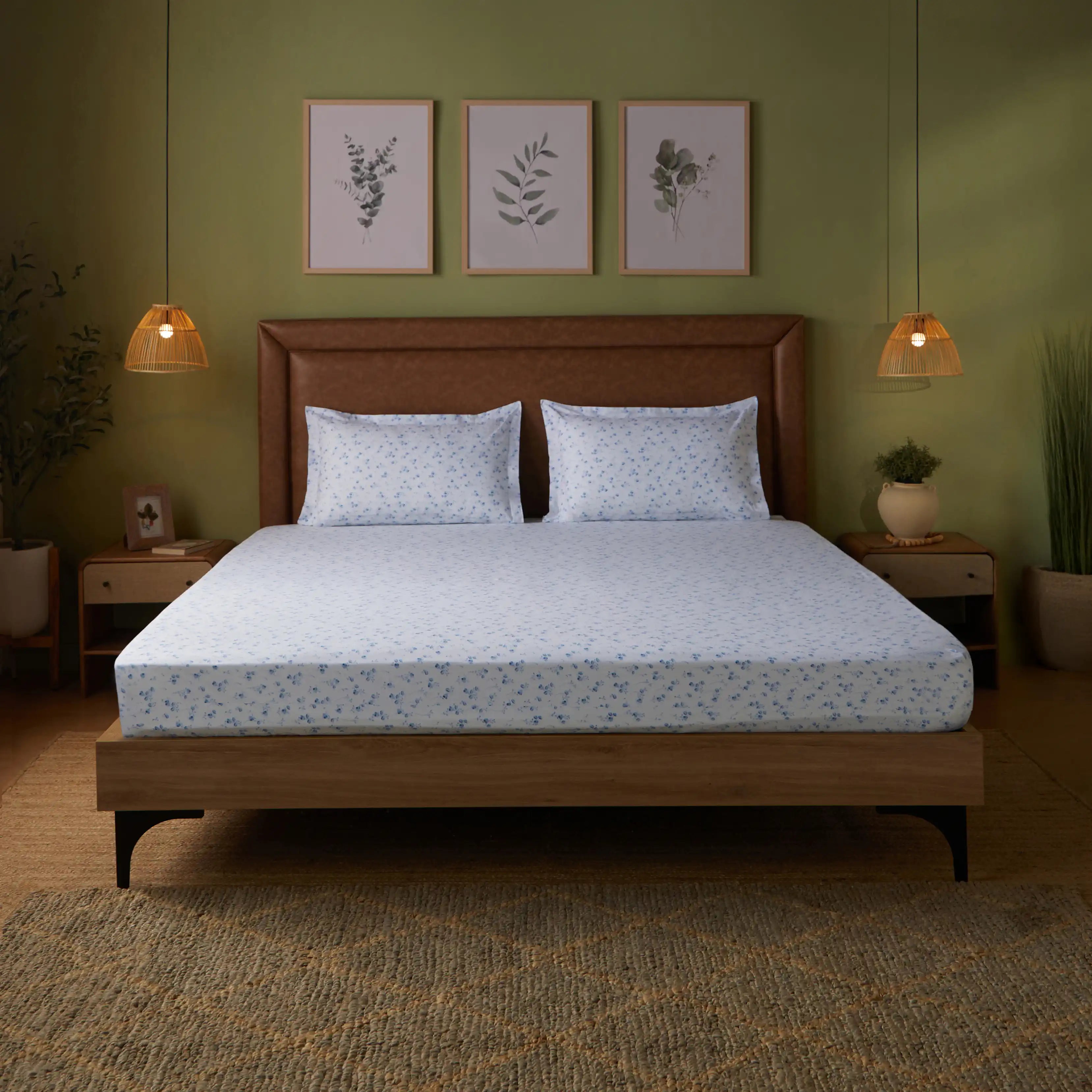 Bloomshire Classic | Everyday Charm Printed Cotton Fitted Sheet Set-Ocean Blue Ocean Blue / Queen