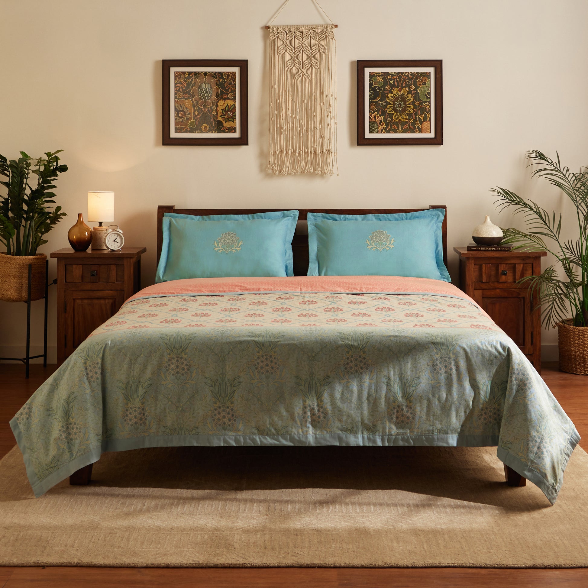 Chippa Lane | Contemporary Indian Print Design Coordinated Bedding Set | Set of Bedsheet & Dohar Sage Bloom / Double