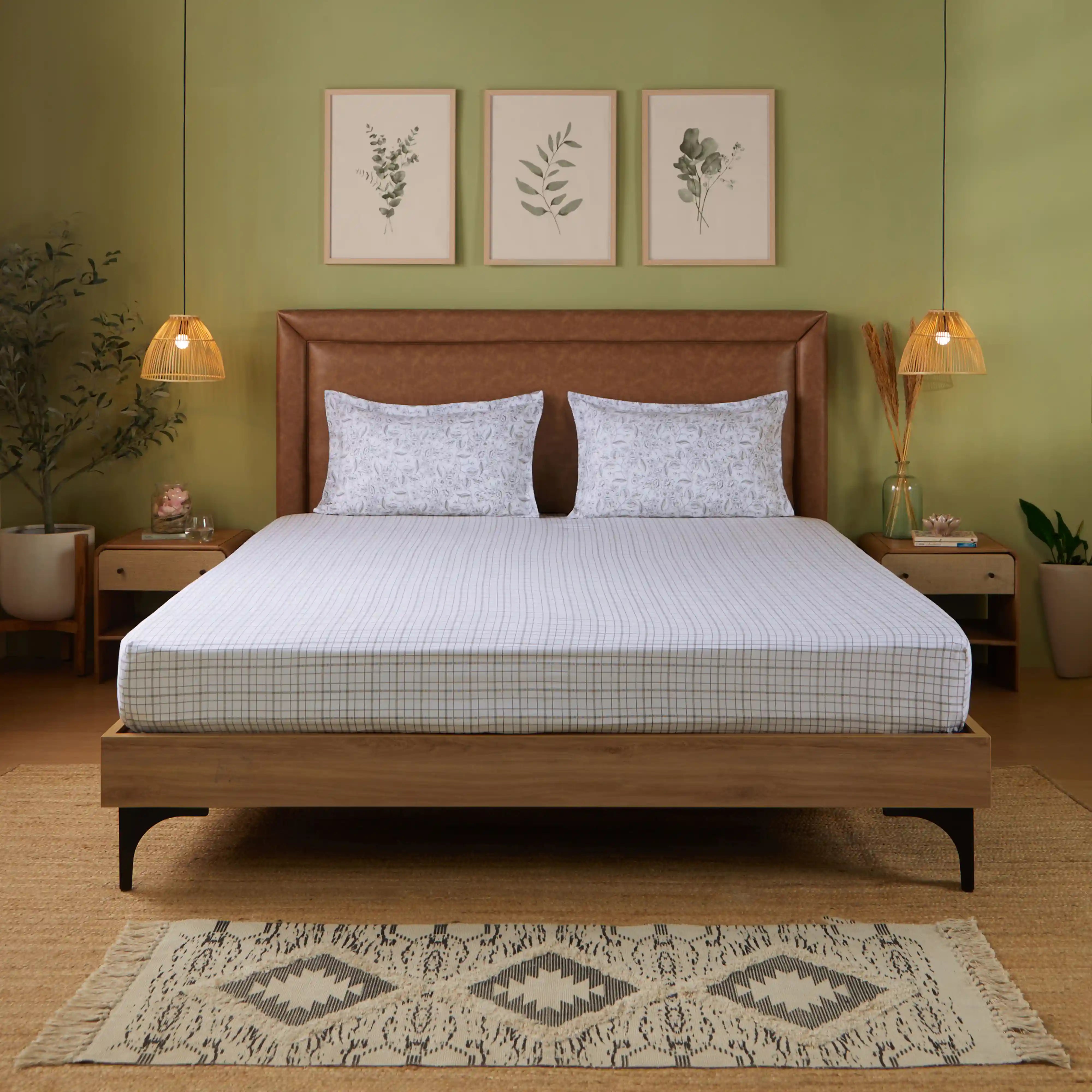 Mishella | Mix & Match Printed Cotton Bedsheet Set - Charcoal Checks Charcoal Checks / King