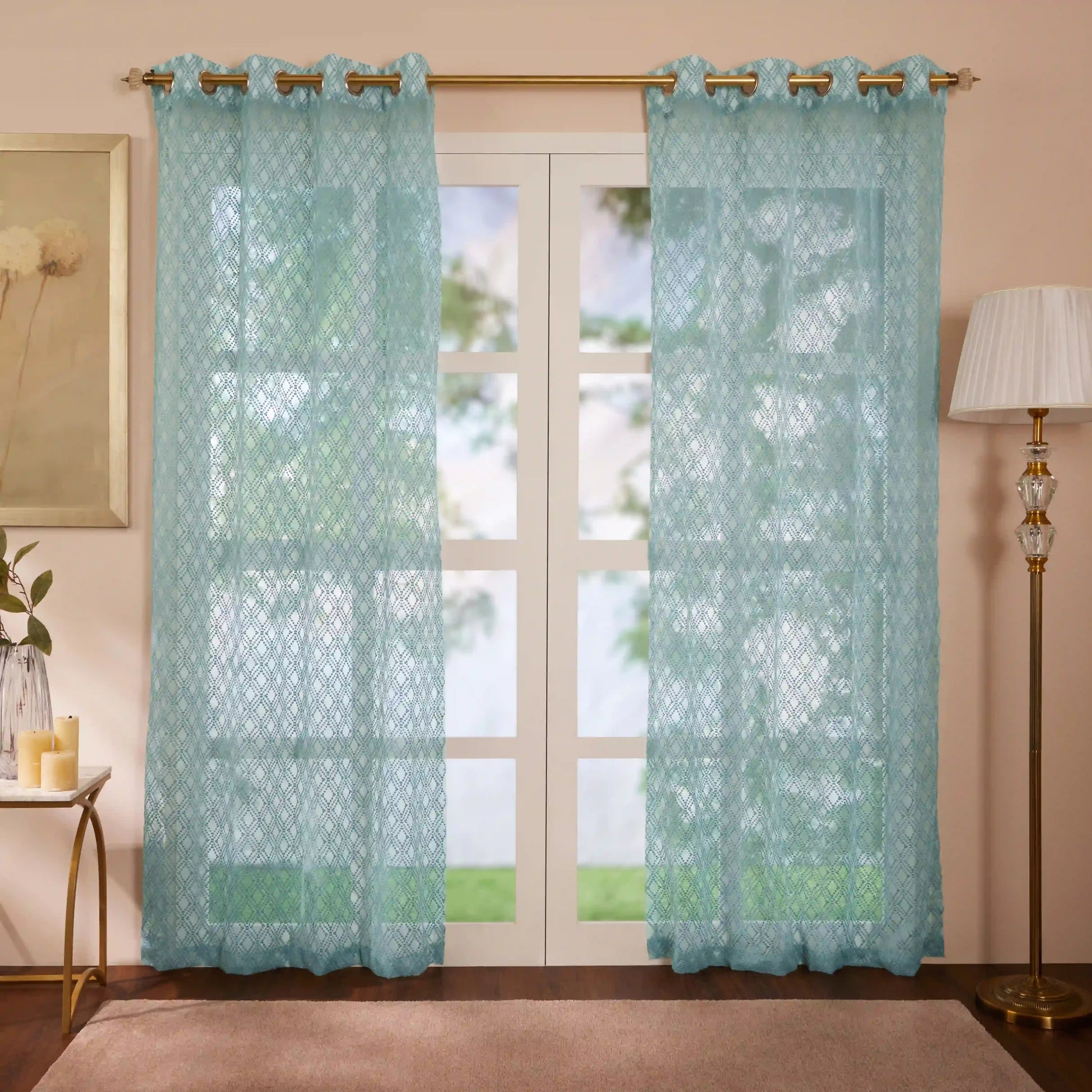 Velina Set Of 2 Embroidered Sheer Readymade Curtains | Boho Mirage Teal Grove / Door (3.60ft X 7.22ft)