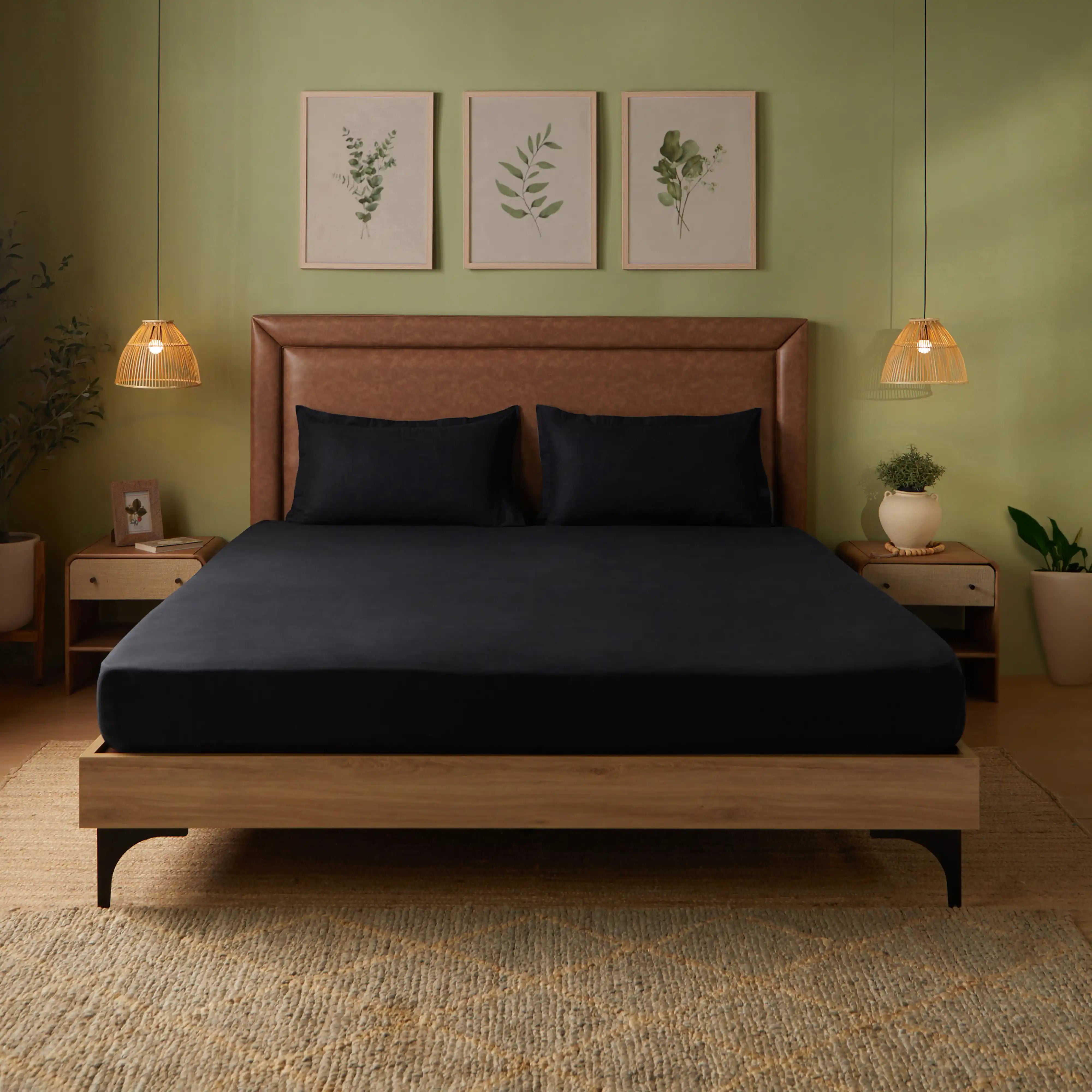 Paleto | Everyday Hues Solid Dyed Cotton Fitted Sheet Set-Black Black / King
