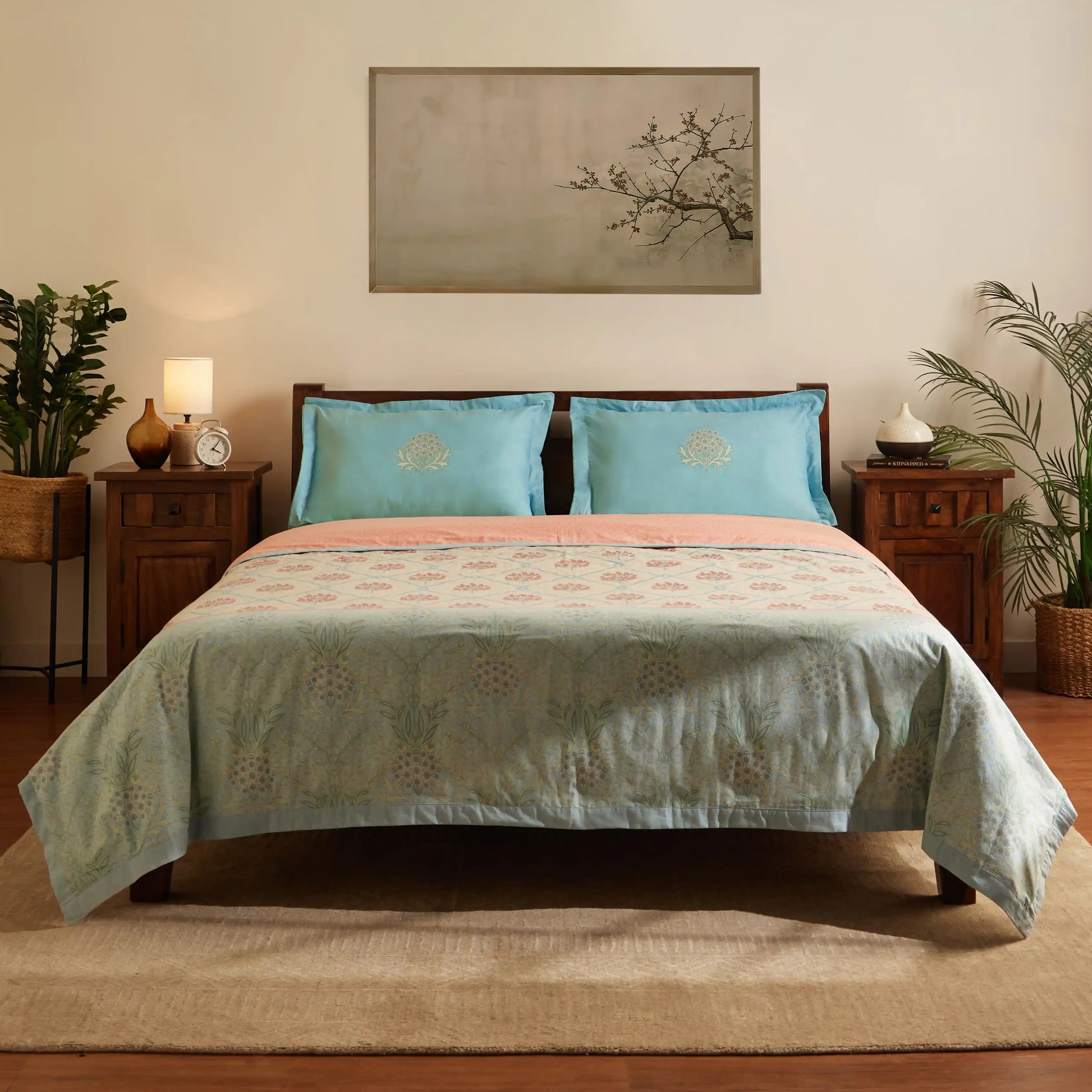 Chippa Lane | Contemporary Indian Print Design Reversible Dohar with Super Soft Flannel Layering-Sage Bloom Sage Bloom / Double
